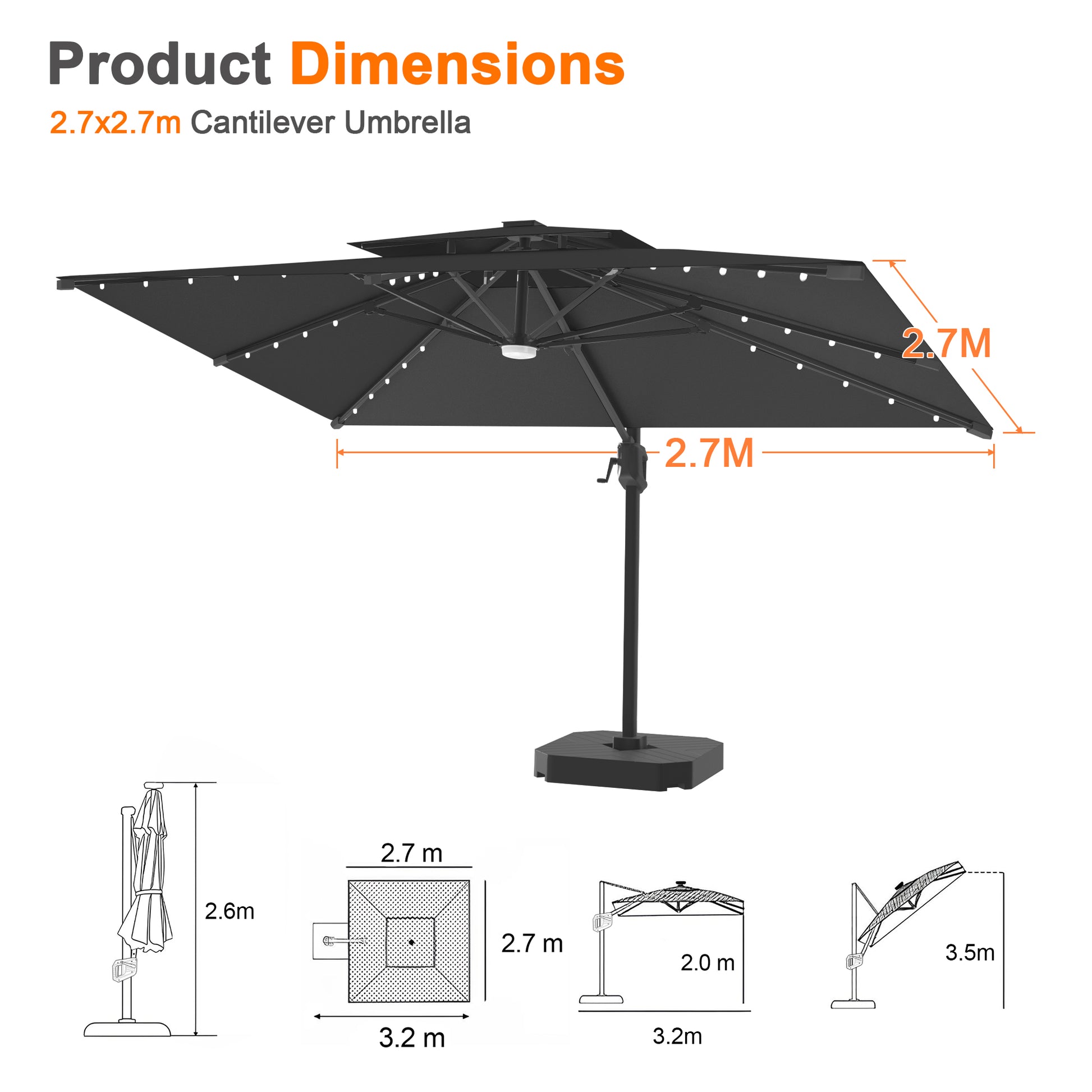 LEDビーズ付き大型ガーデンパラソル ブラック 2.7×2.7m UVカット 撥水 - Parasoru
