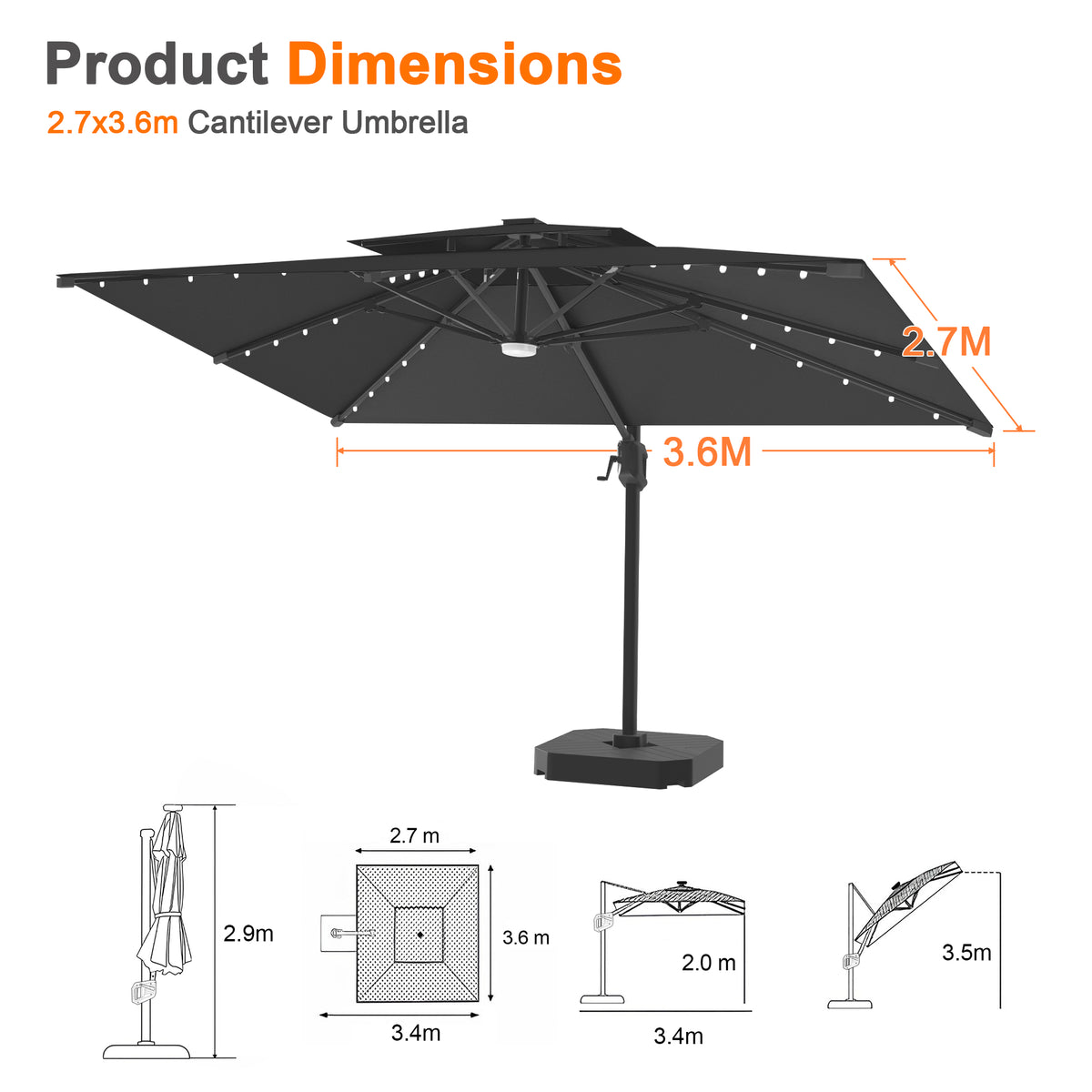 LEDビーズ付き大型ガーデンパラソル ブラック 2.7×3.6m UVカット 撥水 - Parasoru