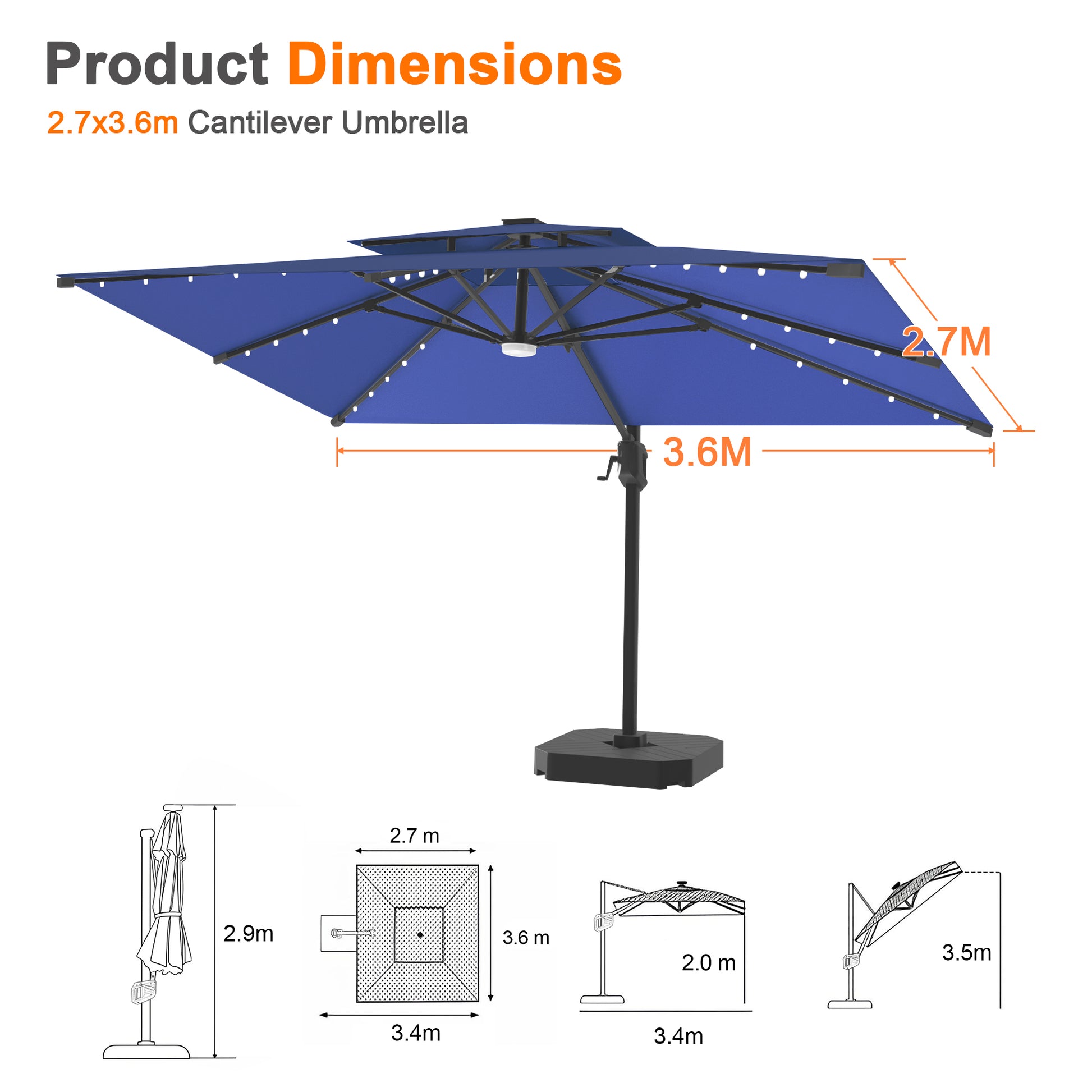 LEDビーズ付き大型ガーデンパラソル ネイビーブルー 2.7×3.6m UVカット 撥水 - Parasoru