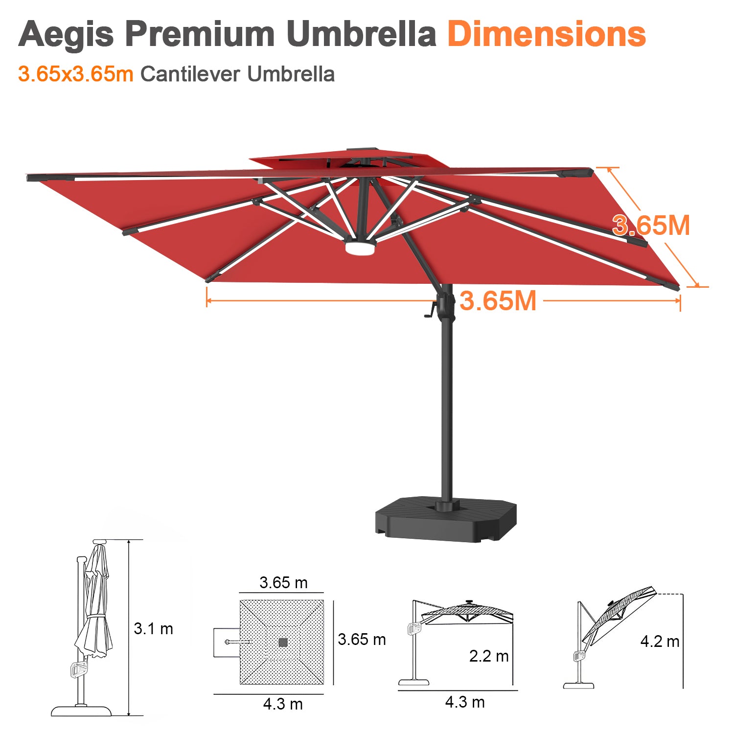 大型ガーデンパラソル レッド 3.65×3.65m LEDライト付き UVカット 撥水 - Parasoru