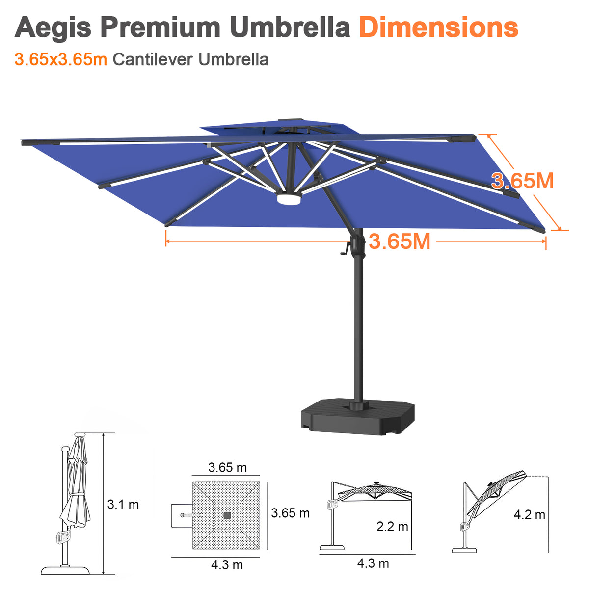 大型ガーデンパラソル ネイビーブルー 3.65×3.65m LEDライト付き UVカット 撥水 - Parasoru