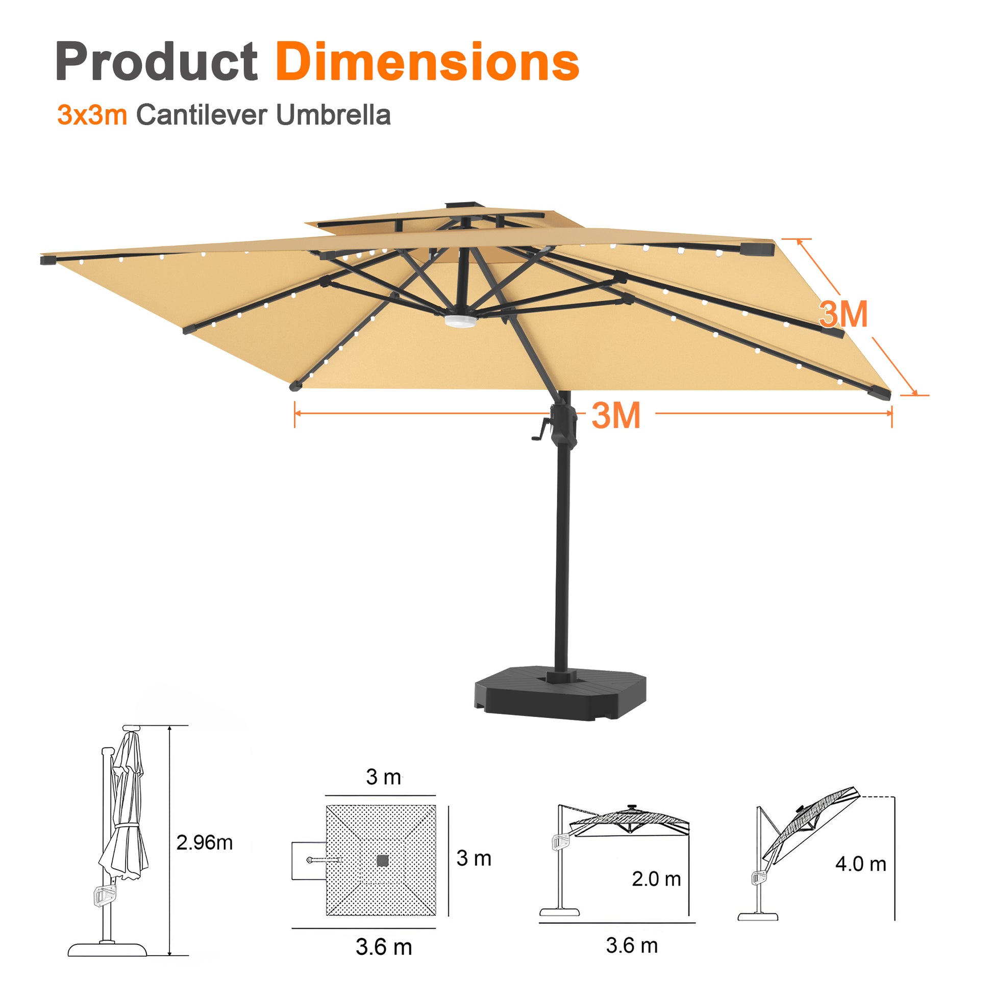 LEDビーズ付き大型ガーデンパラソル ベージュ 3×3m UVカット 撥水 - Parasoru