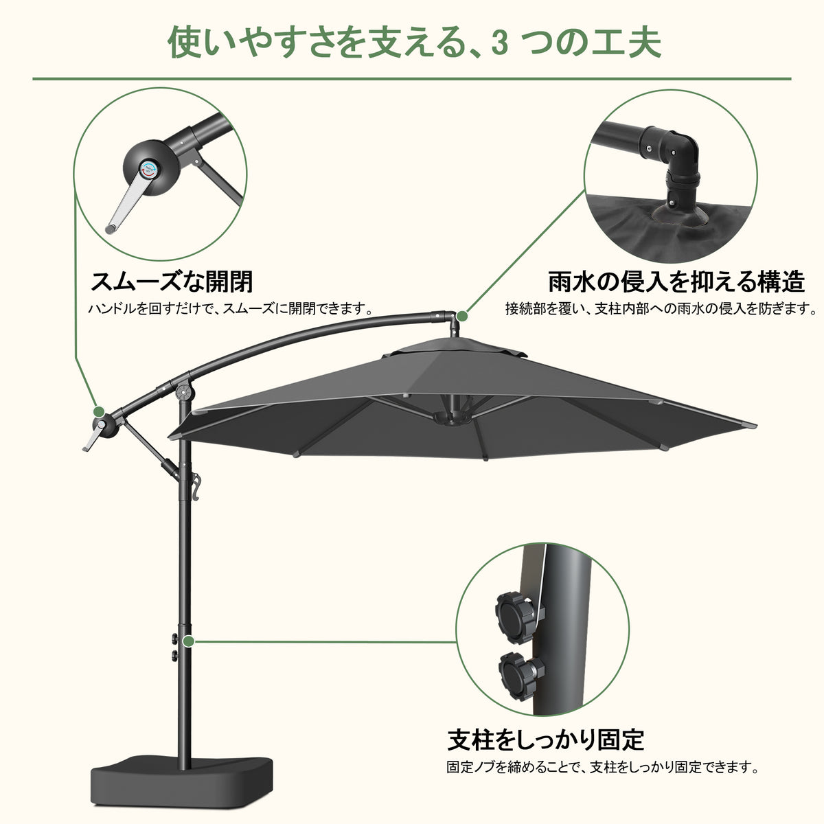 ハンギングパラソル ブラック クランク式開閉と高さ調節ノブの操作細部 - Parasoru