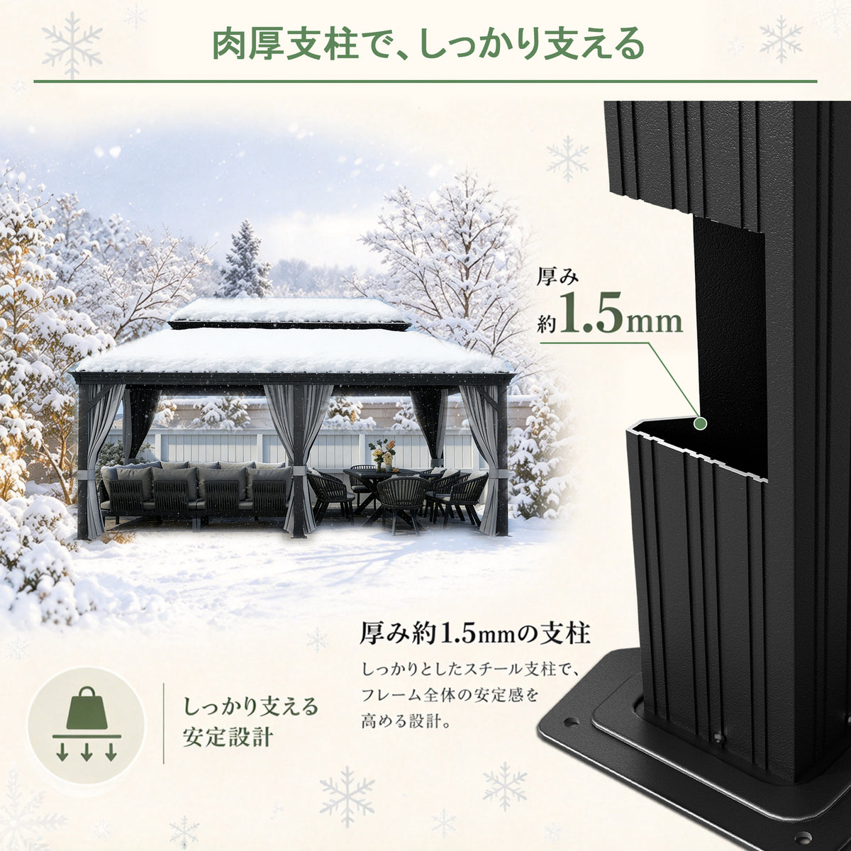 ハードトップガゼボのシルバー 厚み1.5mmスチール支柱と安定設計 - Parasoru