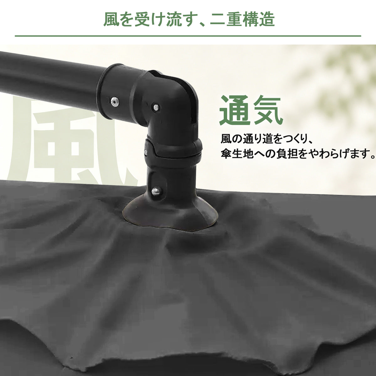 ハンギングパラソル ブラック 風を逃がす通気口付き耐風ダブルキャンピー - Parasoru