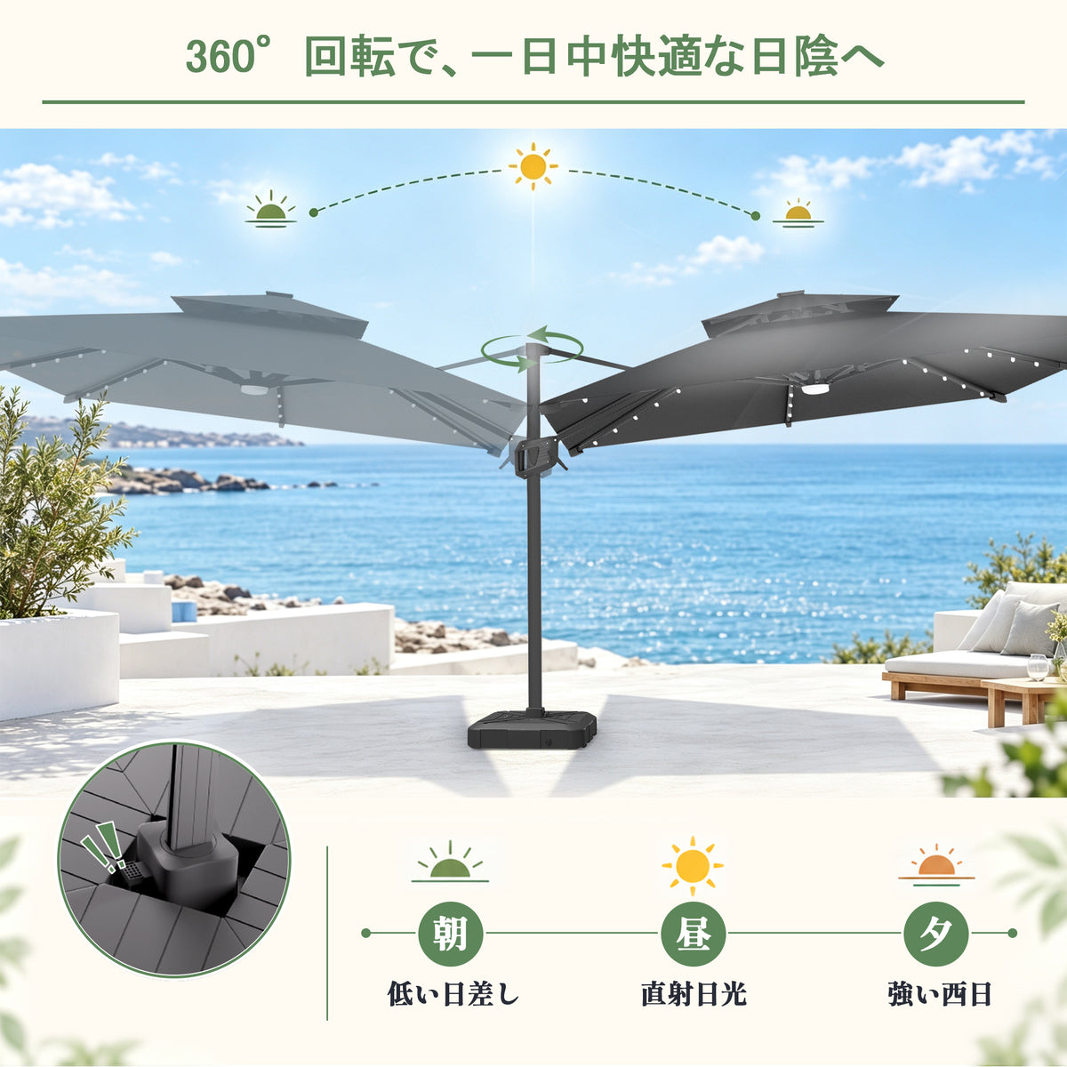 ハンギングパラソル ブラック フットペダル式360度回転の日陰調整機能 - Parasoru