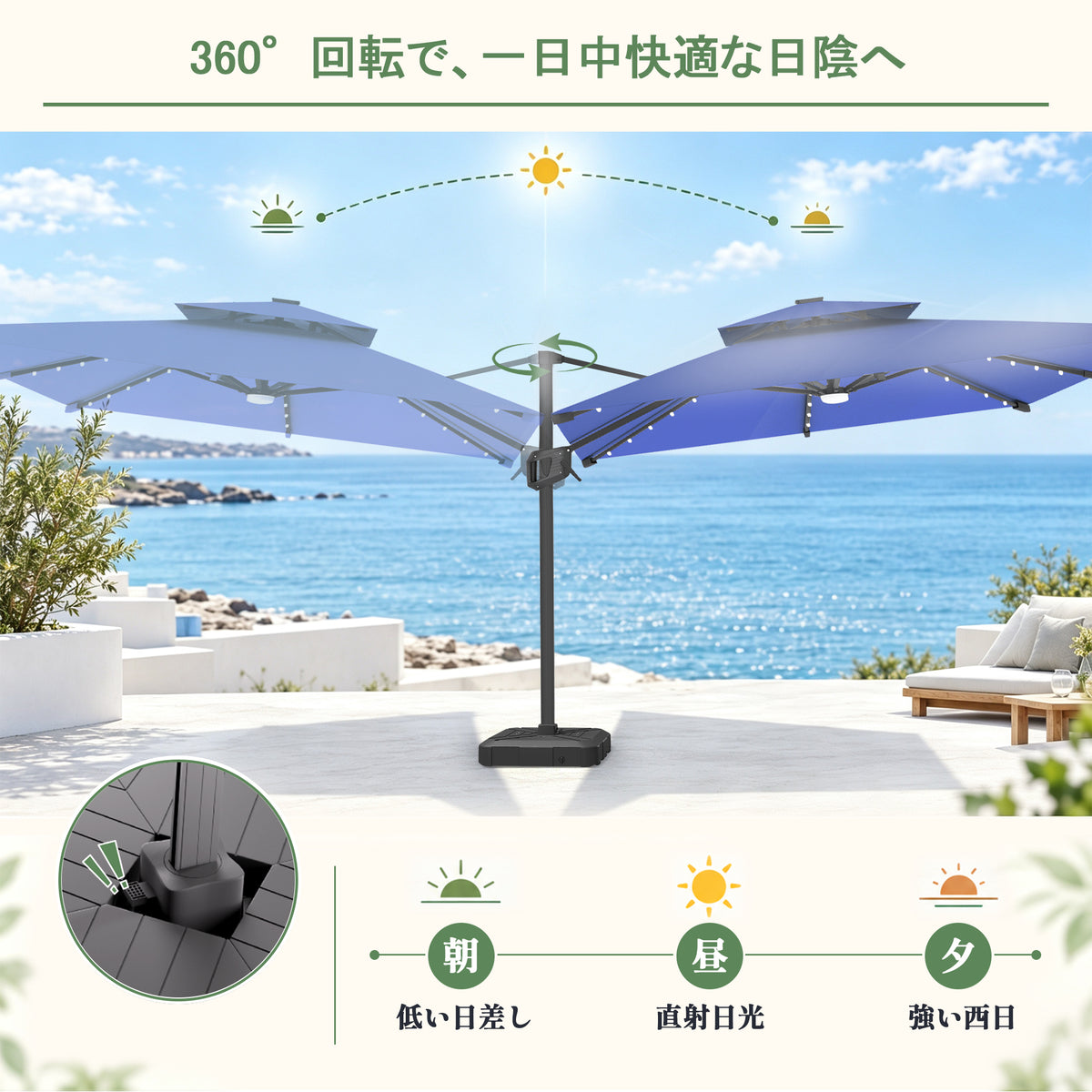ハンギングパラソル ネイビーブルー フットペダル式360度回転の日陰調整機能 - Parasoru