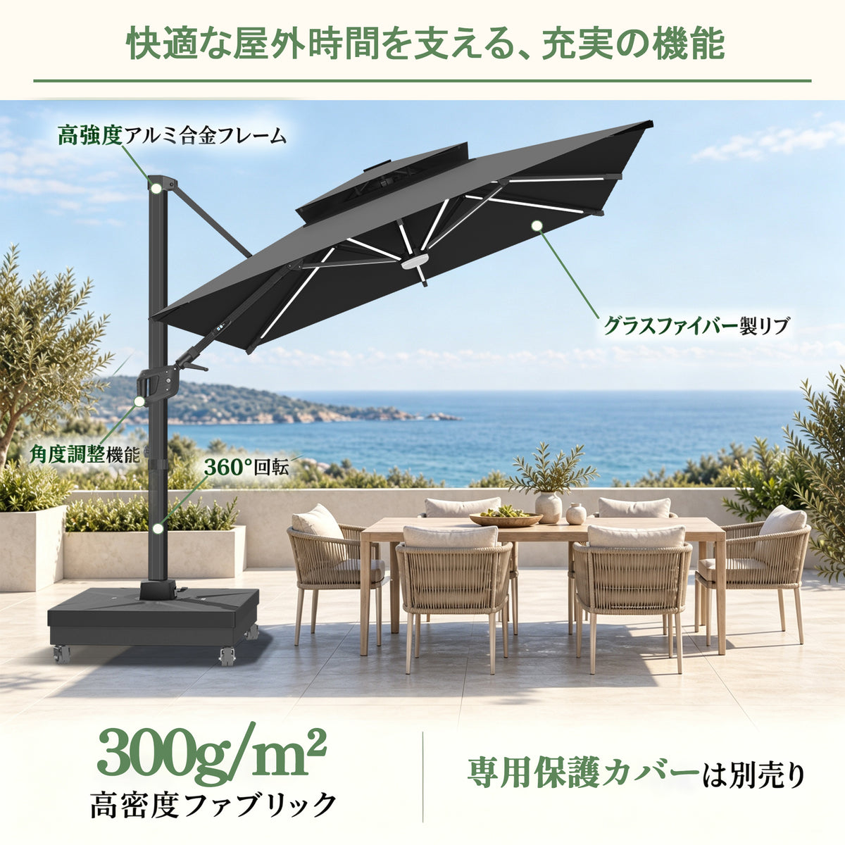 ワンハンドル操作 チルト・360度回転・開閉をスムーズに切替 ブラック LEDライト付きパラソル - Parasoru
