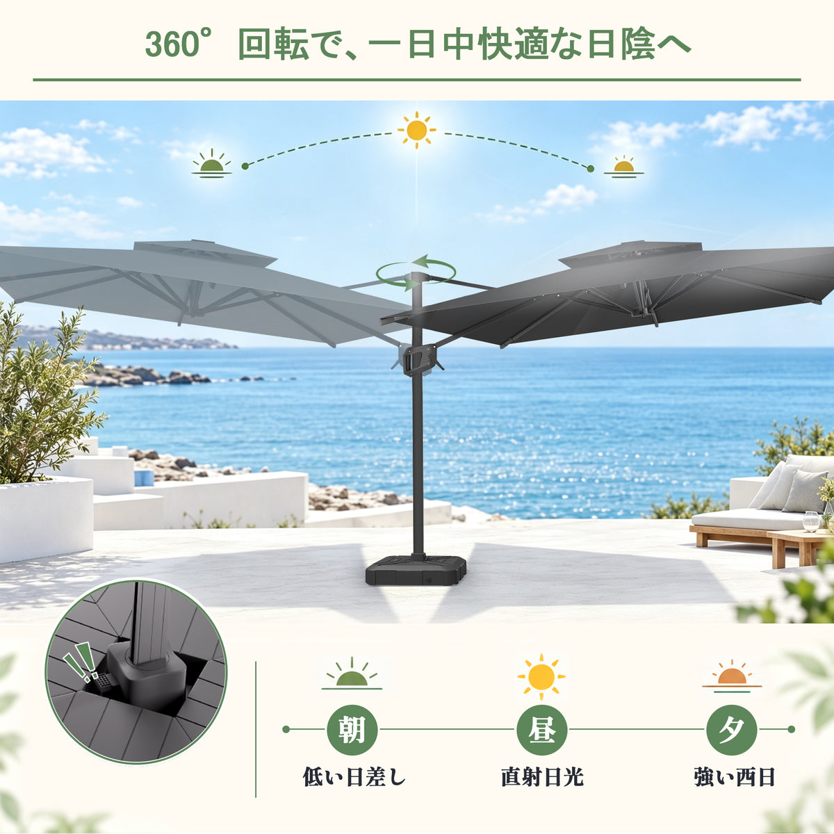 ハンギングパラソル ブラック フットペダル式360度回転の日陰調整機能 - Parasoru