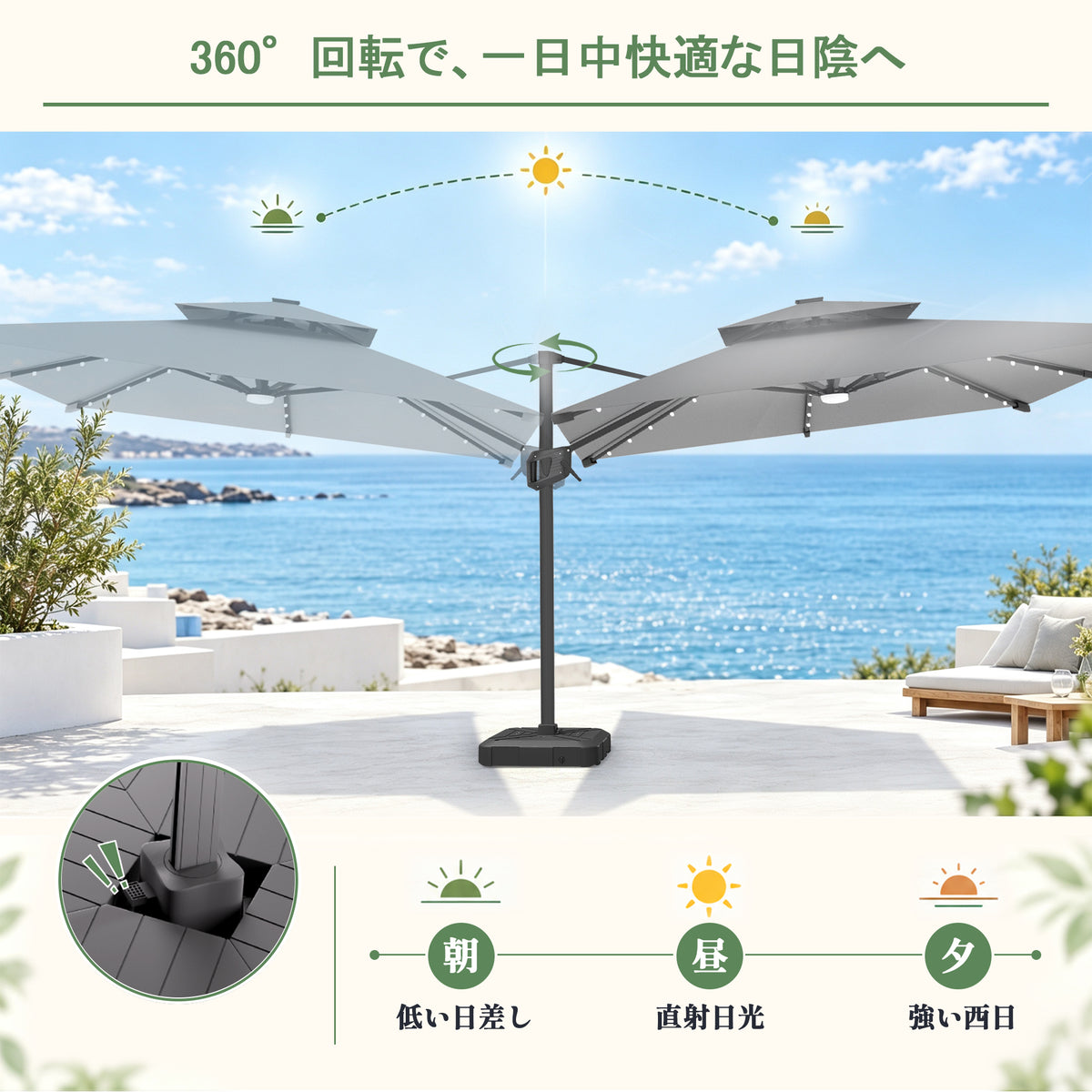 ハンギングパラソル シルバー フットペダル式360度回転の日陰調整機能 - Parasoru