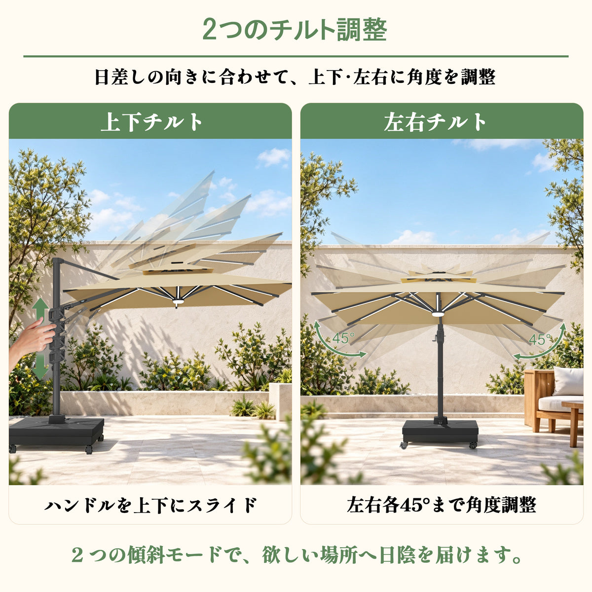 360度回転・45度チルト 太陽の動きに合わせて日陰を確保 ベージュ 大型ガーデンパラソル - Parasoru
