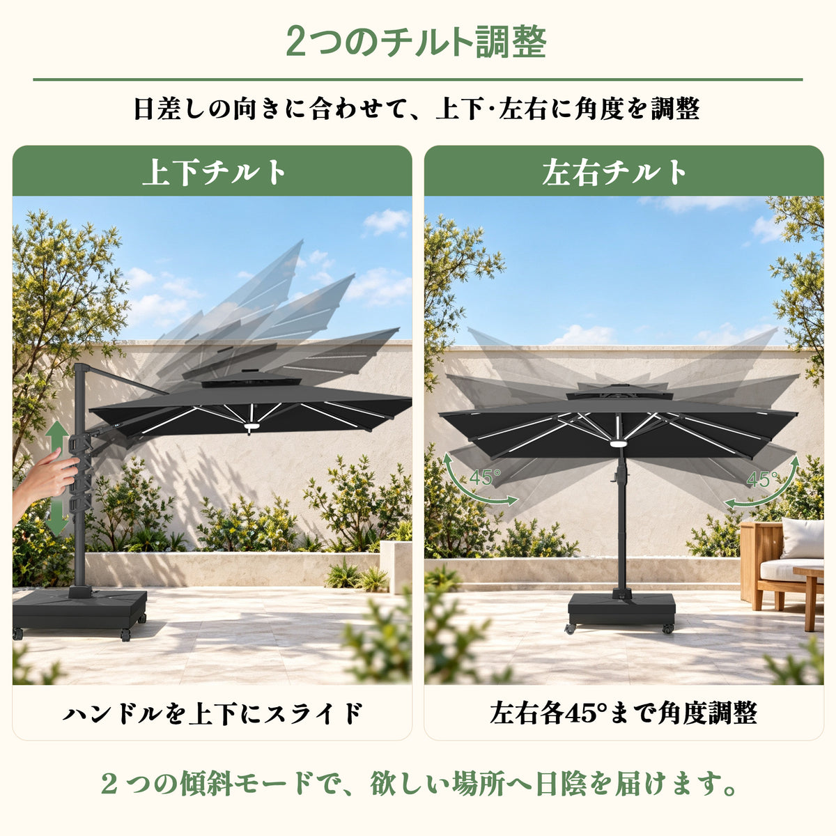 360度回転・45度チルト 太陽の動きに合わせて日陰を確保 ブラック 大型ガーデンパラソル - Parasoru
