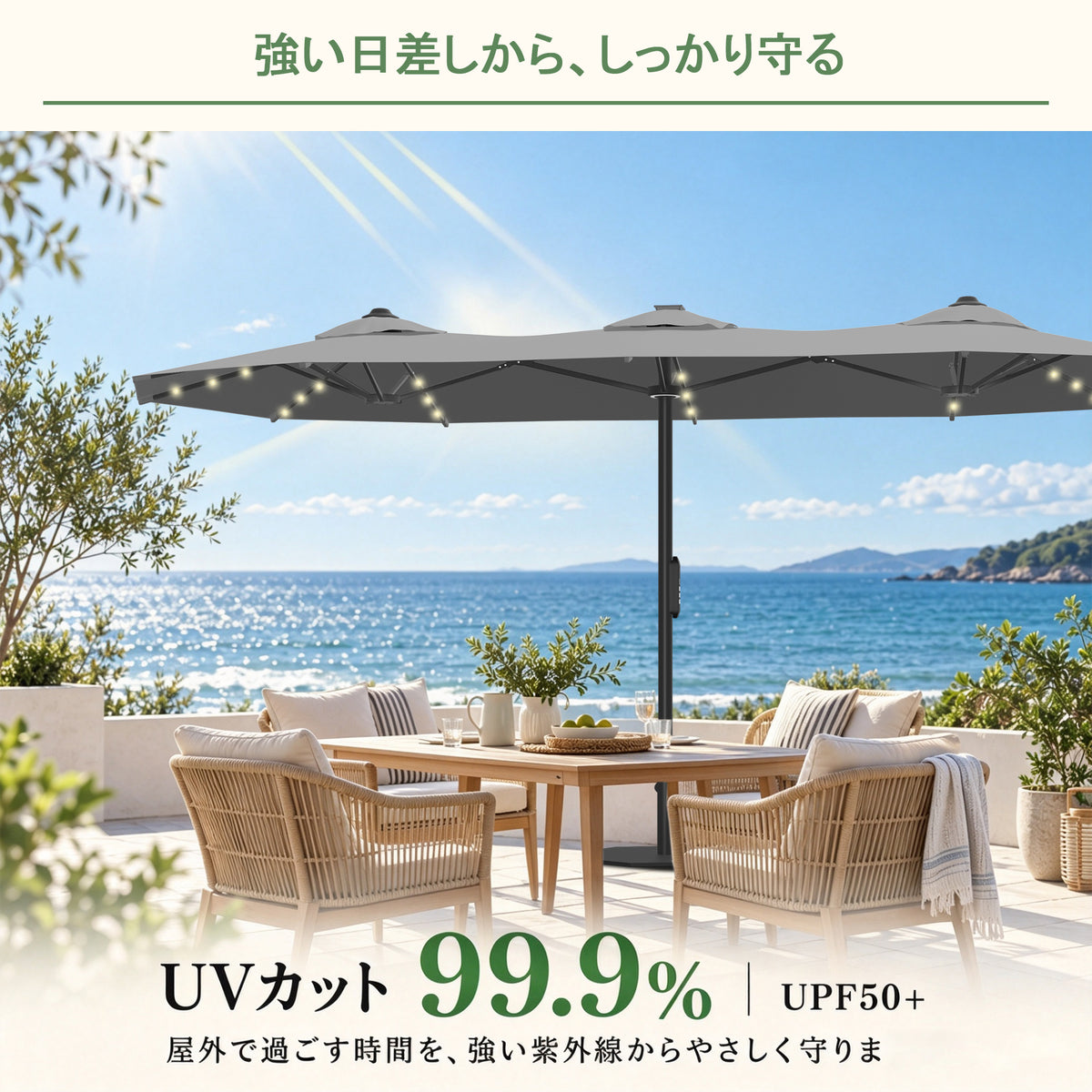 UPF50+ UVカット 99.9%紫外線カット プールサイドの日除け シルバー 両面パラソル - Parasoru