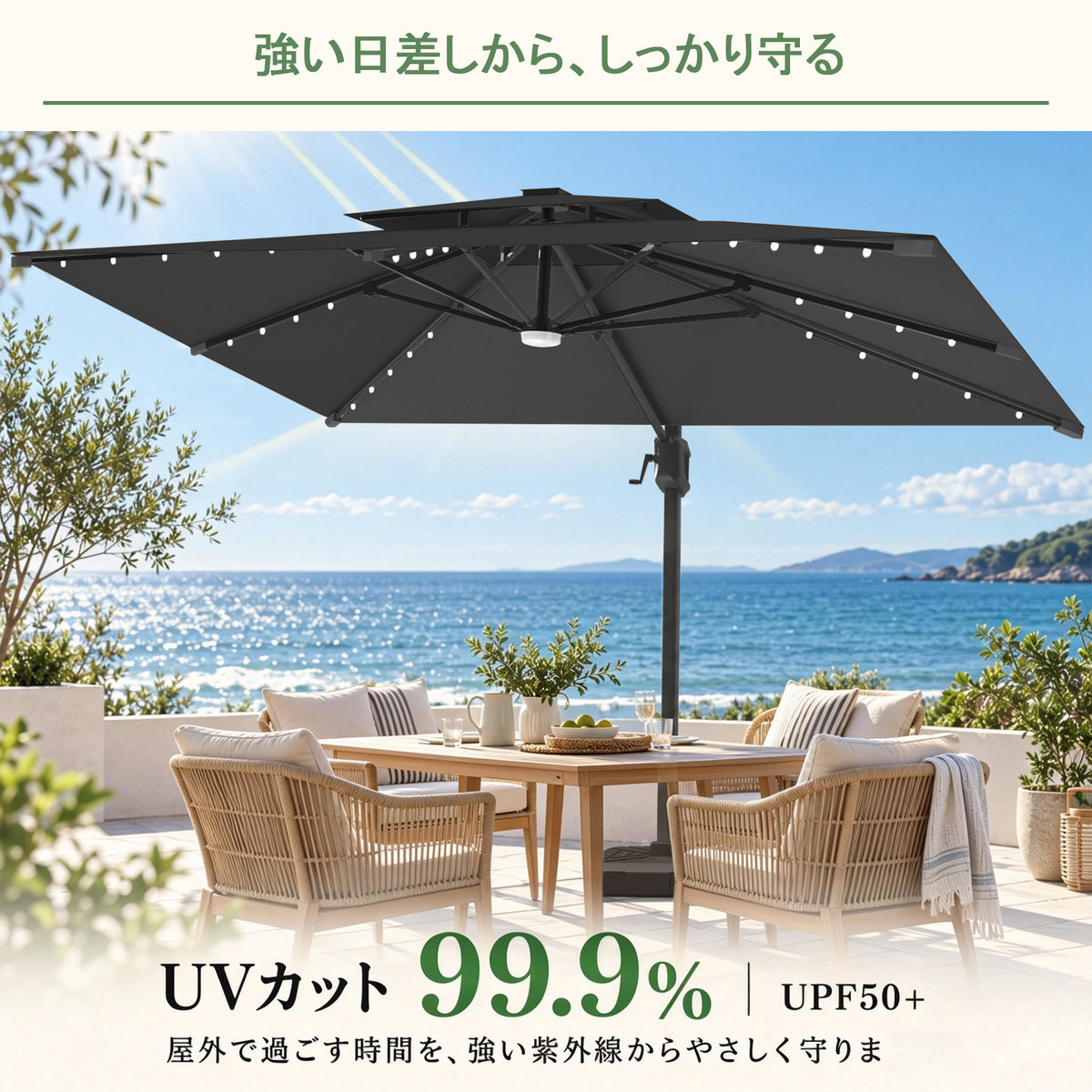 LEDビーズ付きガーデンパラソル ブラック UPF50+ UVカット99.9% - Parasoru