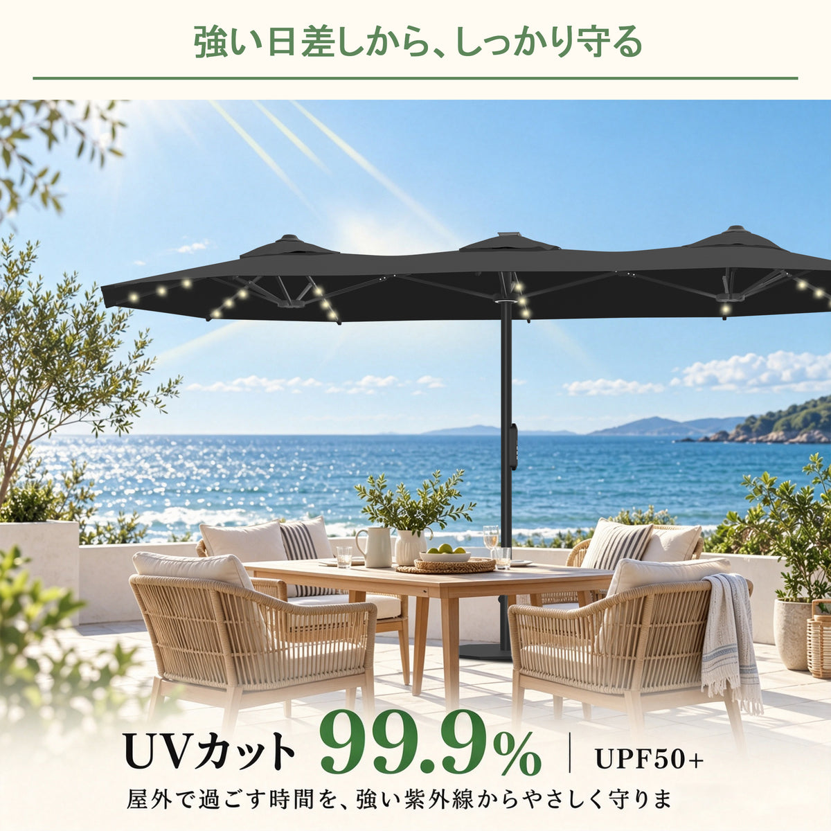 UPF50+ UVカット 99.9%紫外線カット プールサイドの日除け ブラック 両面パラソル - Parasoru
