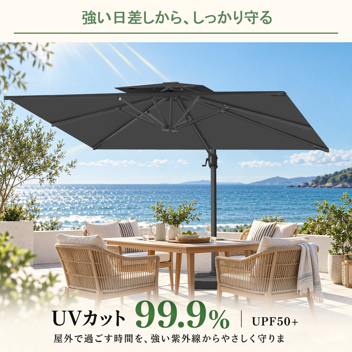  LEDビーズ付きガーデンパラソル ブラック UPF50+ UVカット99.9% - Parasoru