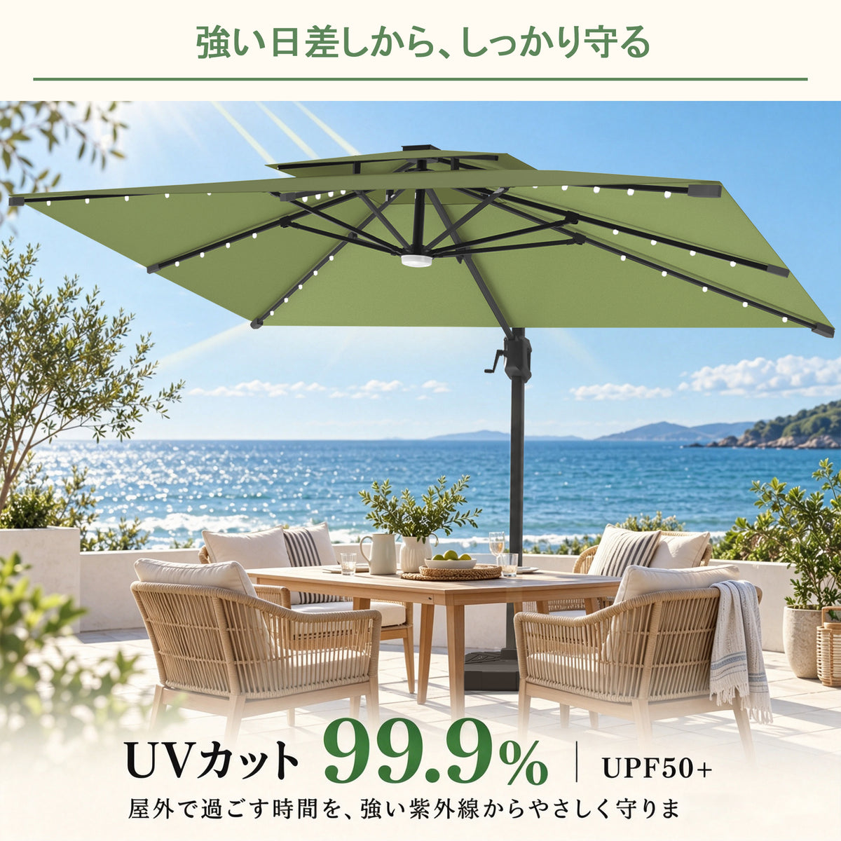 LEDビーズ付きガーデンパラソル グリーン UPF50+ UVカット99.9% - Parasoru