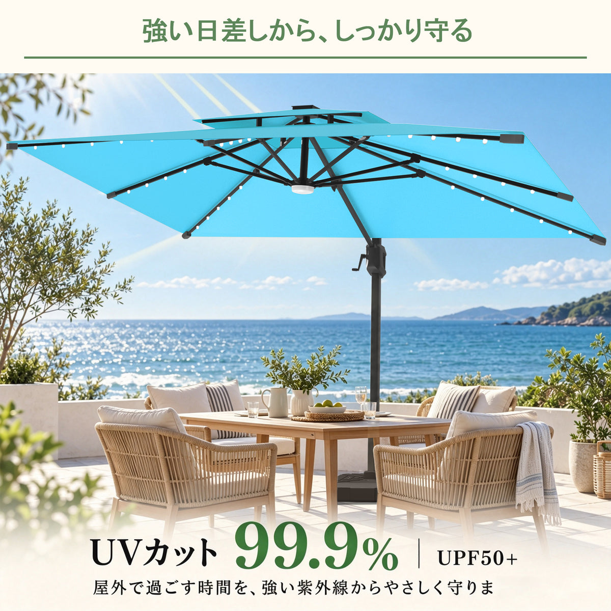 LEDビーズ付きガーデンパラソル ターコイズ UPF50+ UVカット99.9% - Parasoru
