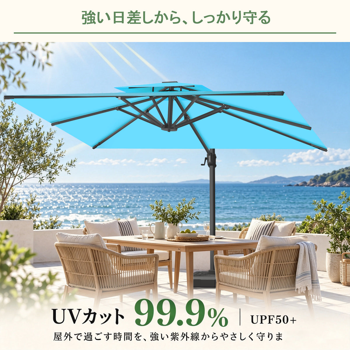 LEDビーズ付きガーデンパラソル ターコイズ UPF50+ UVカット99.9% - Parasoru