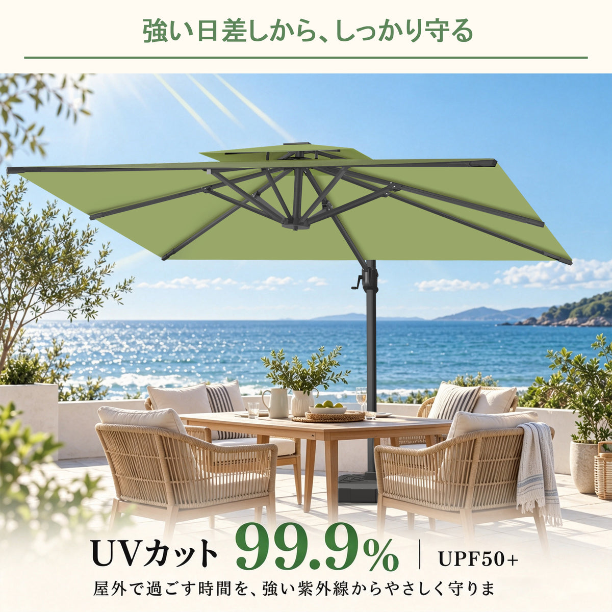 LEDビーズ付きガーデンパラソル グリーン UPF50+ UVカット99.9% - Parasoru