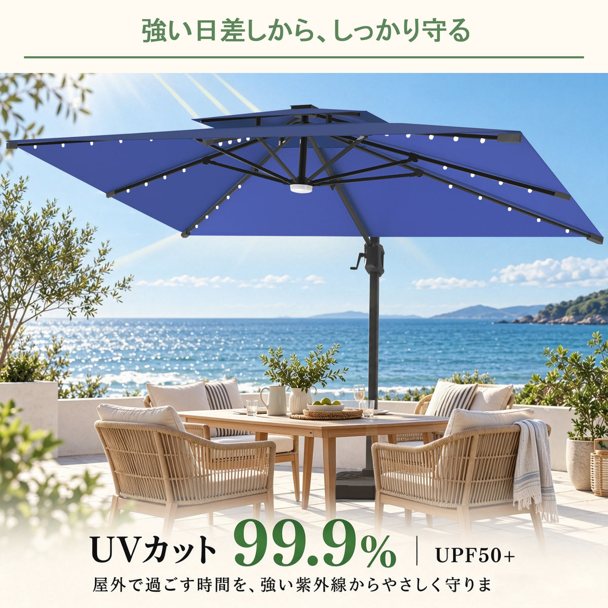  LEDビーズ付きガーデンパラソル ネイビーブルー UPF50+ UVカット99.9% - Parasoru
