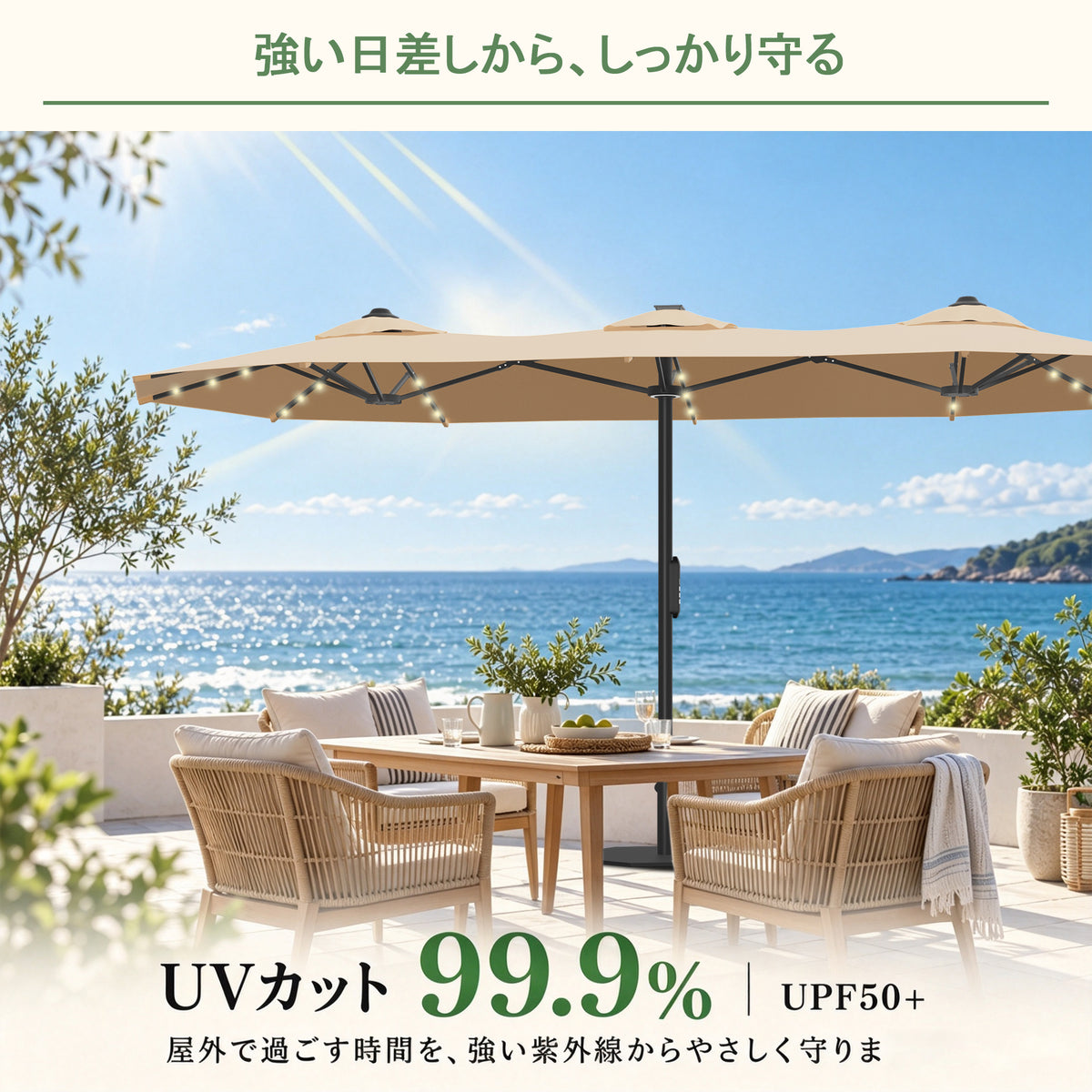 UPF50+ UVカット 99.9%紫外線カット プールサイドの日除け ベージュ 両面パラソル - Parasoru