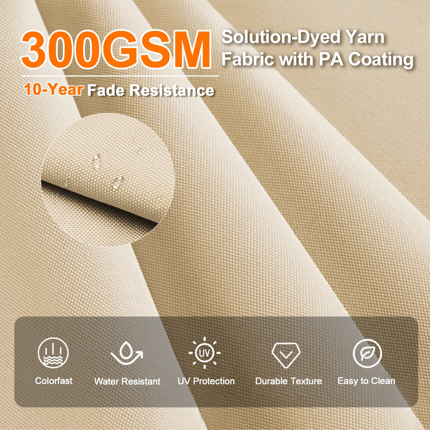 ハンギングパラソル クリームホワイト 300g/m²原液染め生地の撥水加工とUVカット細部 - Parasoru 