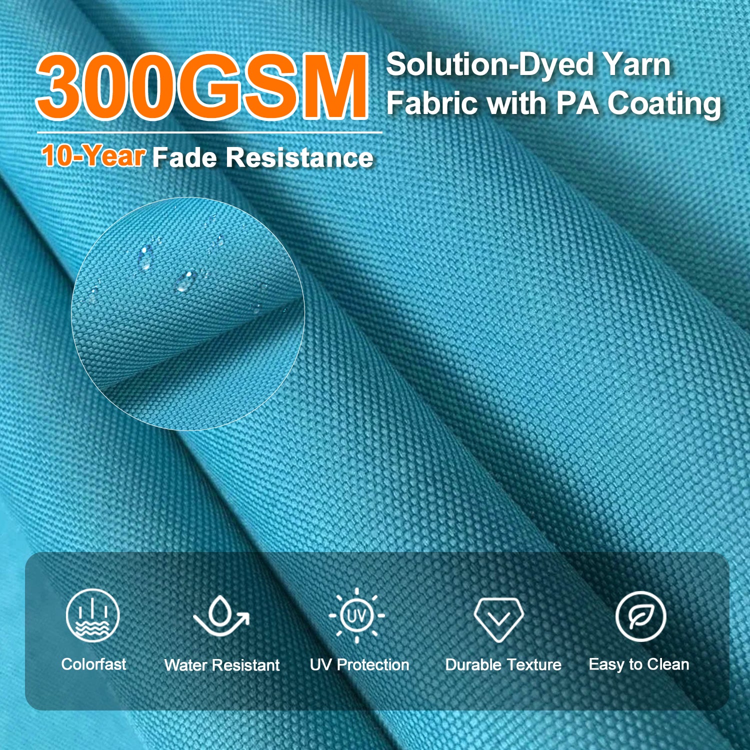 ハンギングパラソル ターコイズ 300g/m²原液染め生地の撥水加工とUVカット細部 - Parasoru