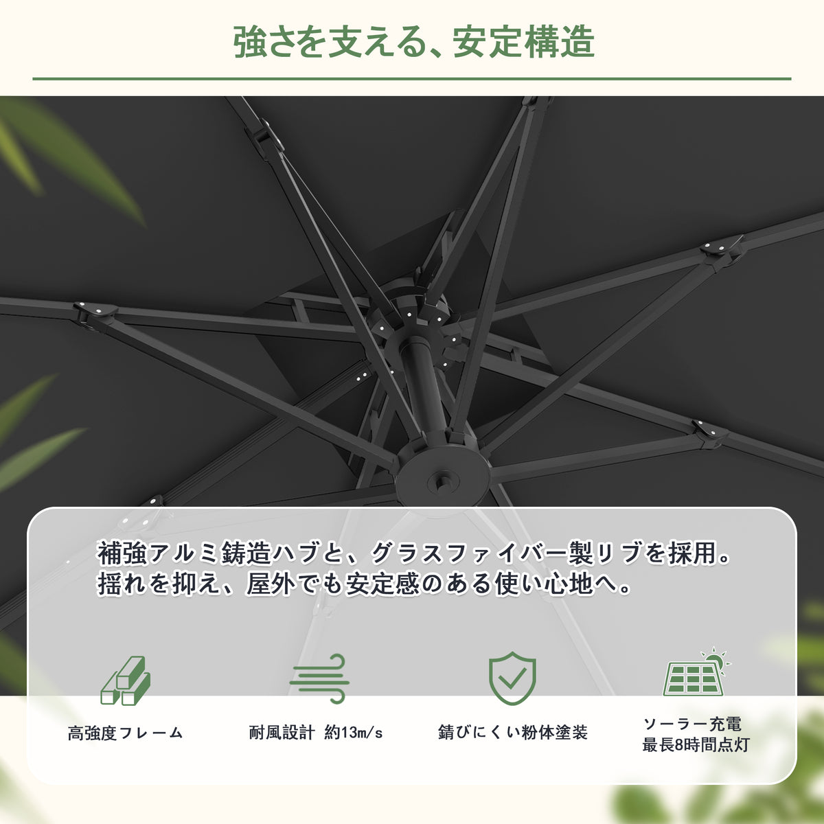 ハンギングパラソル ブラック 耐風性に優れたグラスファイバー製骨組み - Parasoru