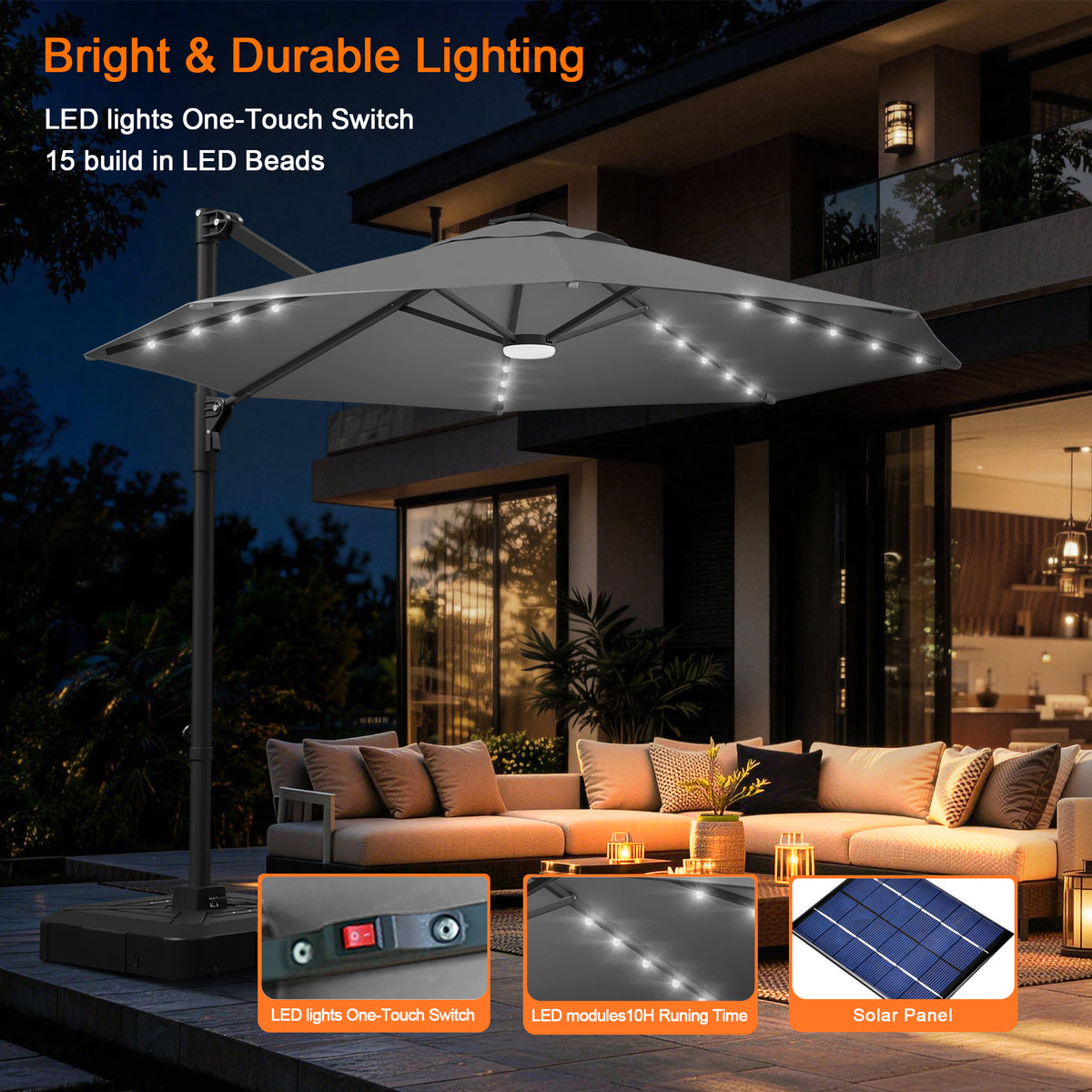 ハンギングパラソル シルバー ソーラー充電対応15個LEDビーズ照明付き夜間ナイトガーデン - Parasoru