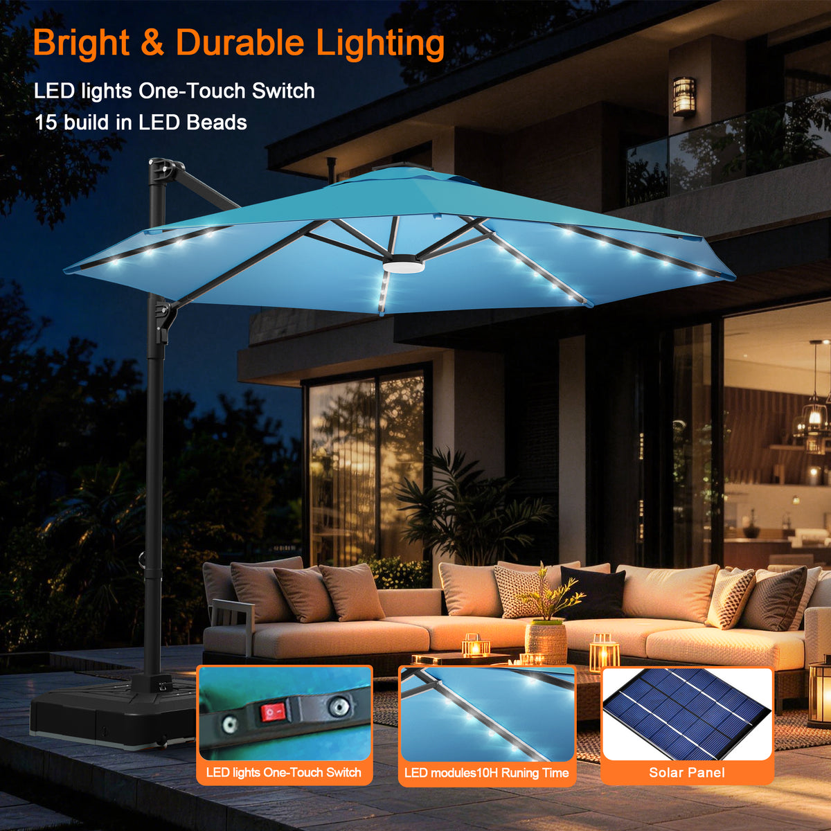 ハンギングパラソル ターコイズ ソーラー充電対応15個LEDビーズ照明付き夜間ナイトガーデン - Parasoru 