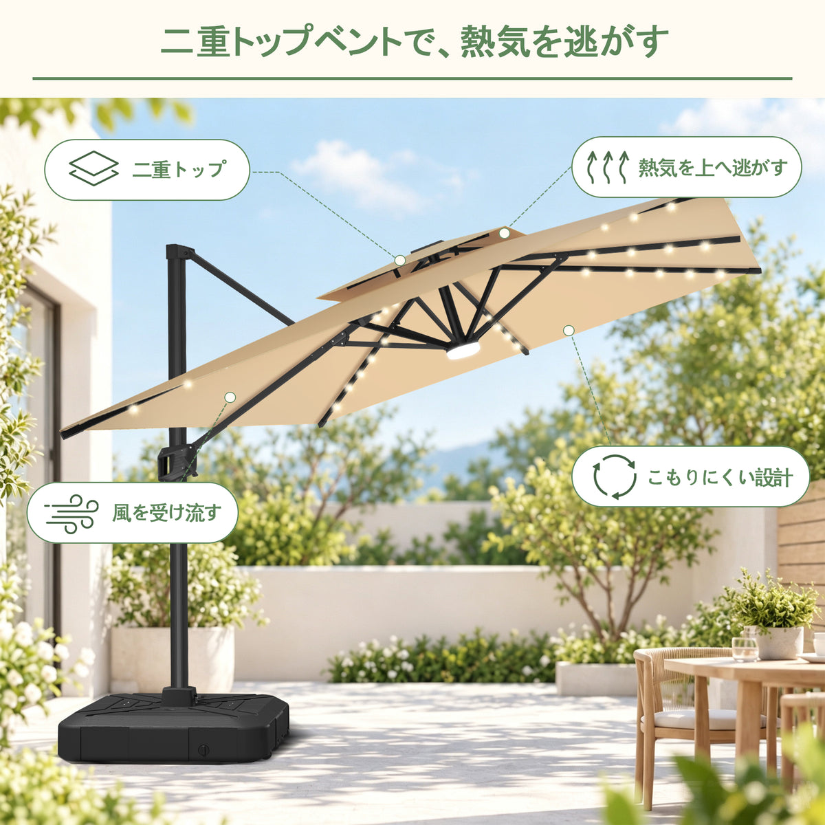 ハンギングパラソル クリームホワイト 2層構造で風と熱気を逃がすLED付き角型パラソル - Parasoru