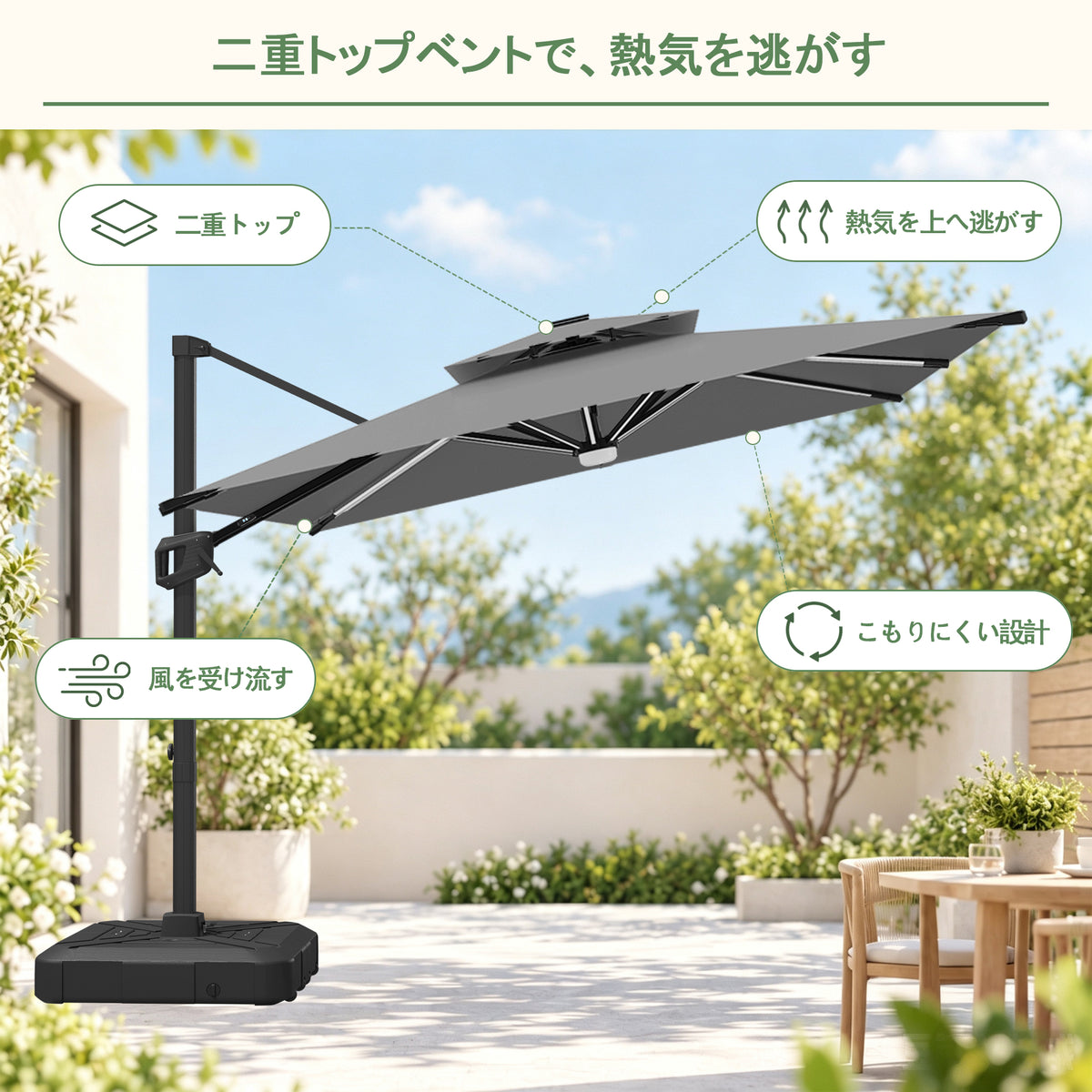 ダブルトップベント構造 風を通して涼しい日陰 シルバー 大型ガーデンパラソル - Parasoru

