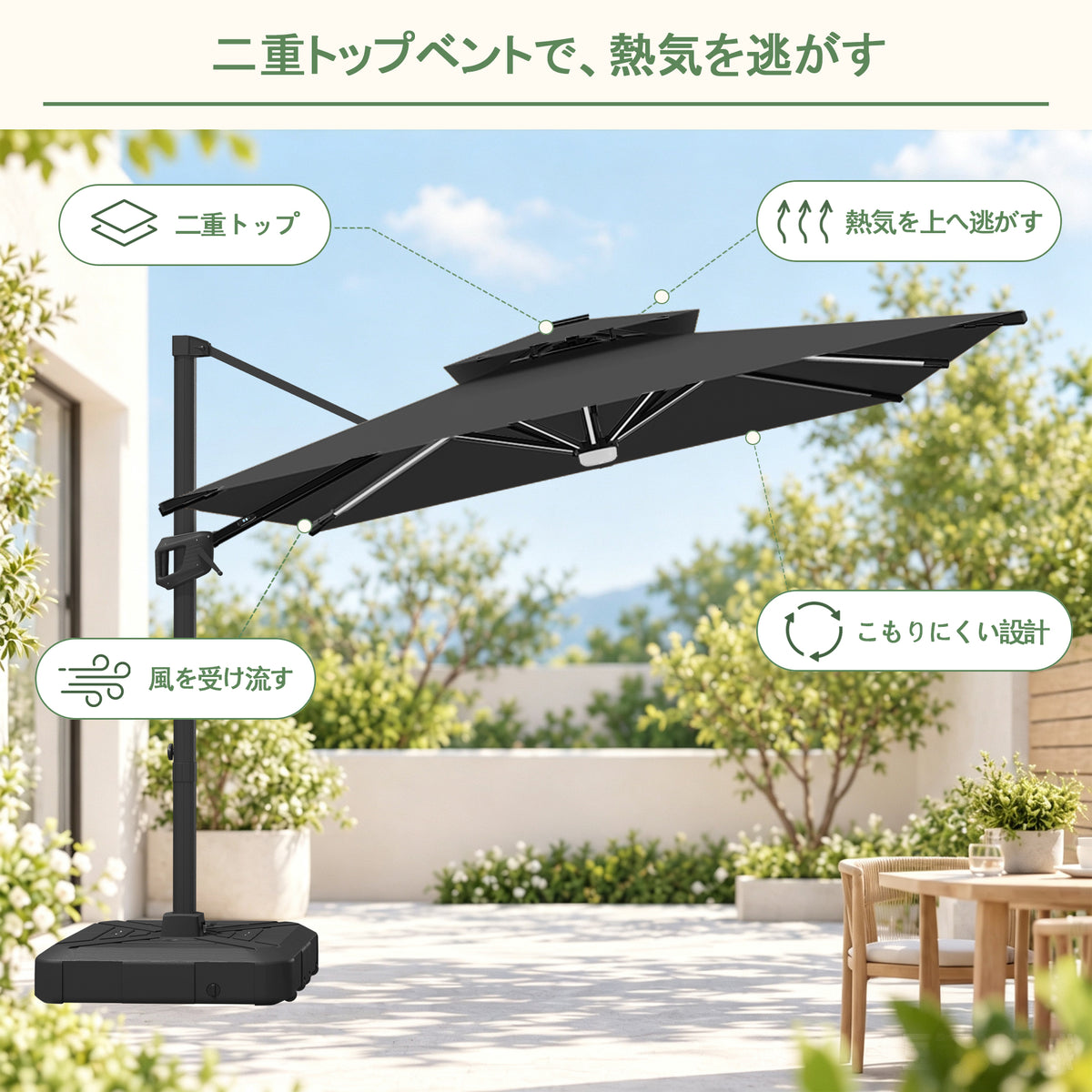 ダブルトップベント構造 風を通して涼しい日陰 ブラック 大型ガーデンパラソル - Parasoru
