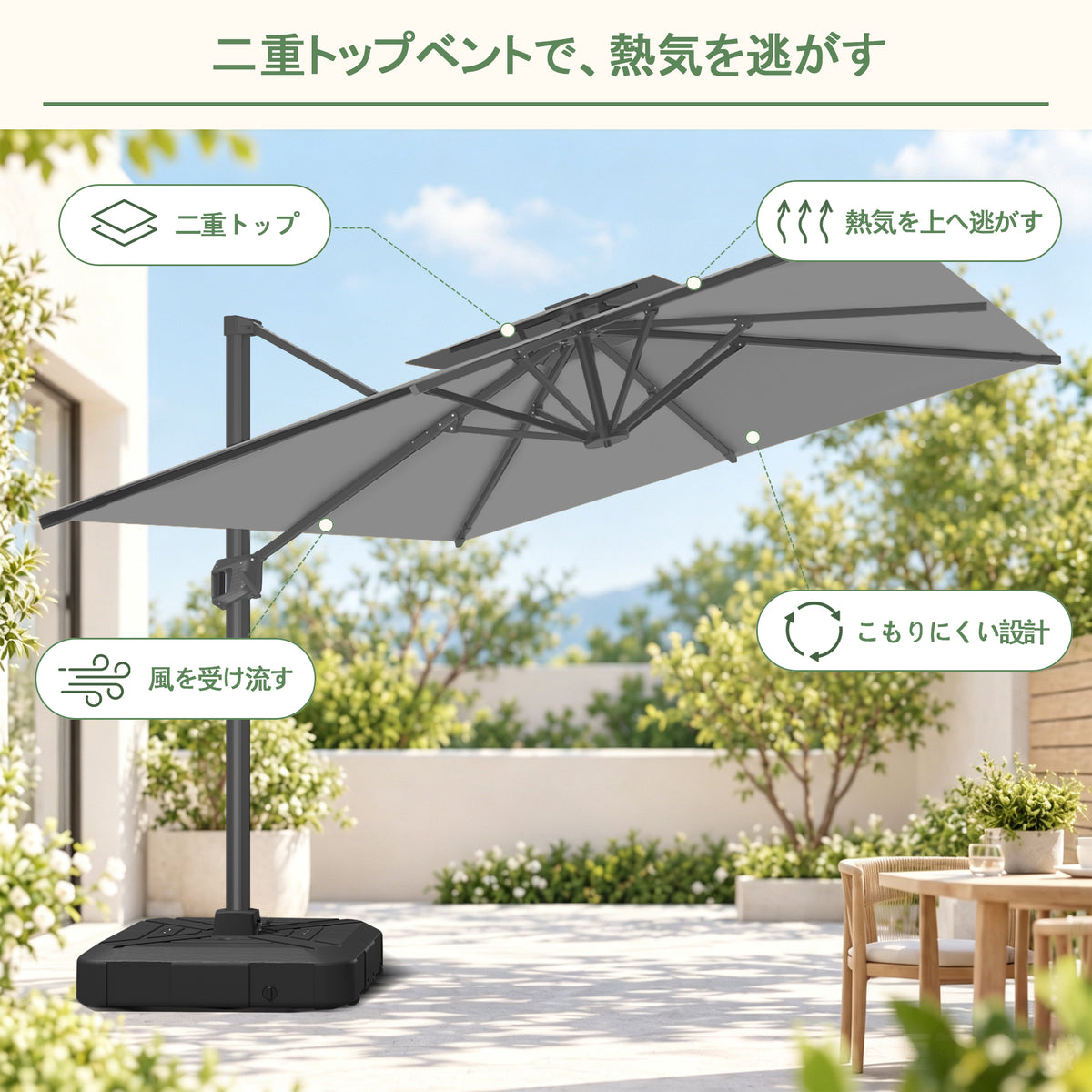 ハンギングパラソル シルバー 2層構造で風と熱気を逃がすLED付き角型パラソル - Parasoru