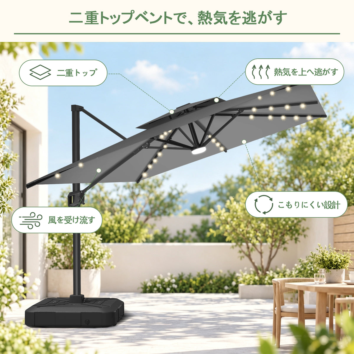 ハンギングパラソル シルバー 2層構造で風と熱気を逃がすLED付き角型パラソル - Parasoru
