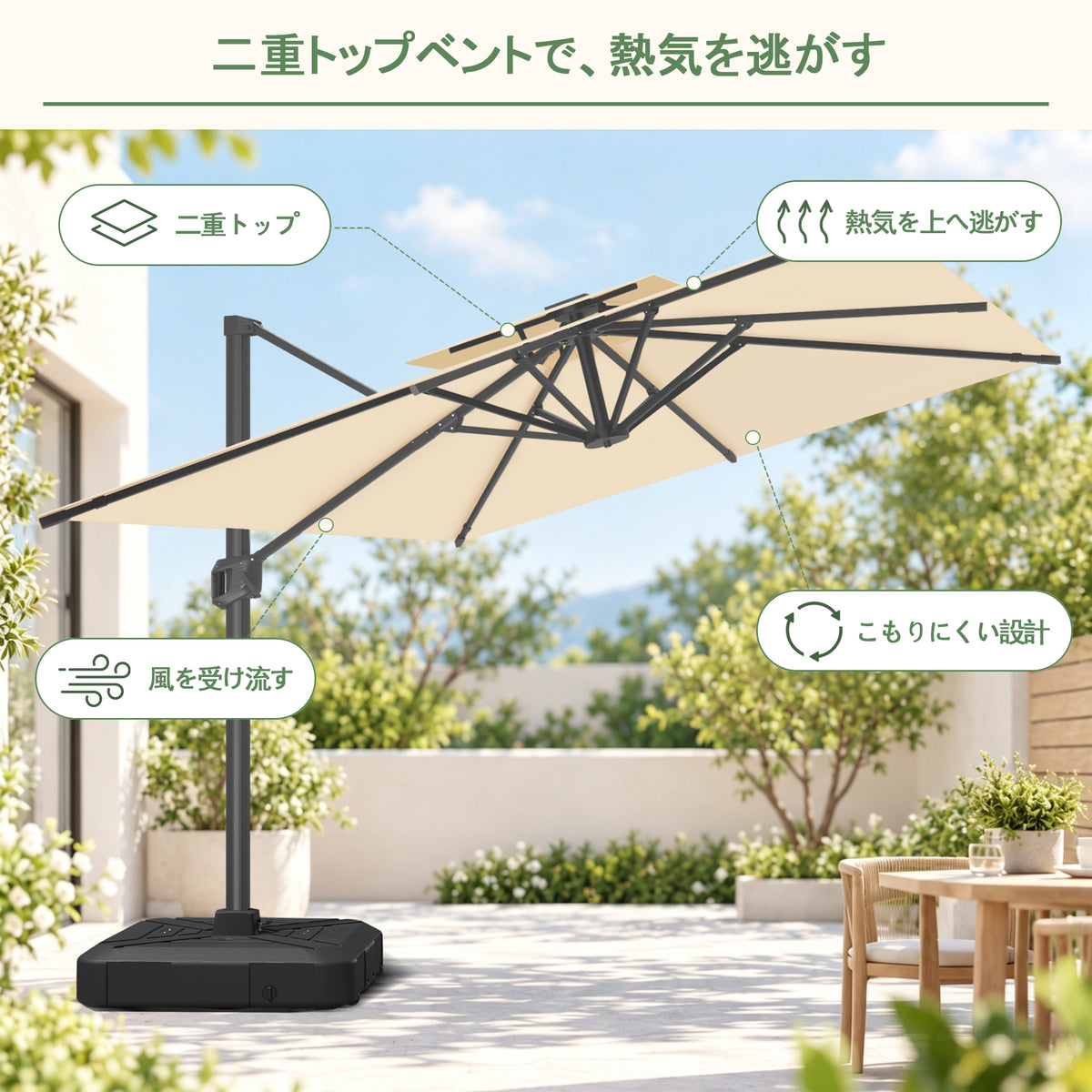 ハンギングパラソル クリームホワイト 2層構造で風と熱気を逃がすLED付き角型パラソル - Parasoru
