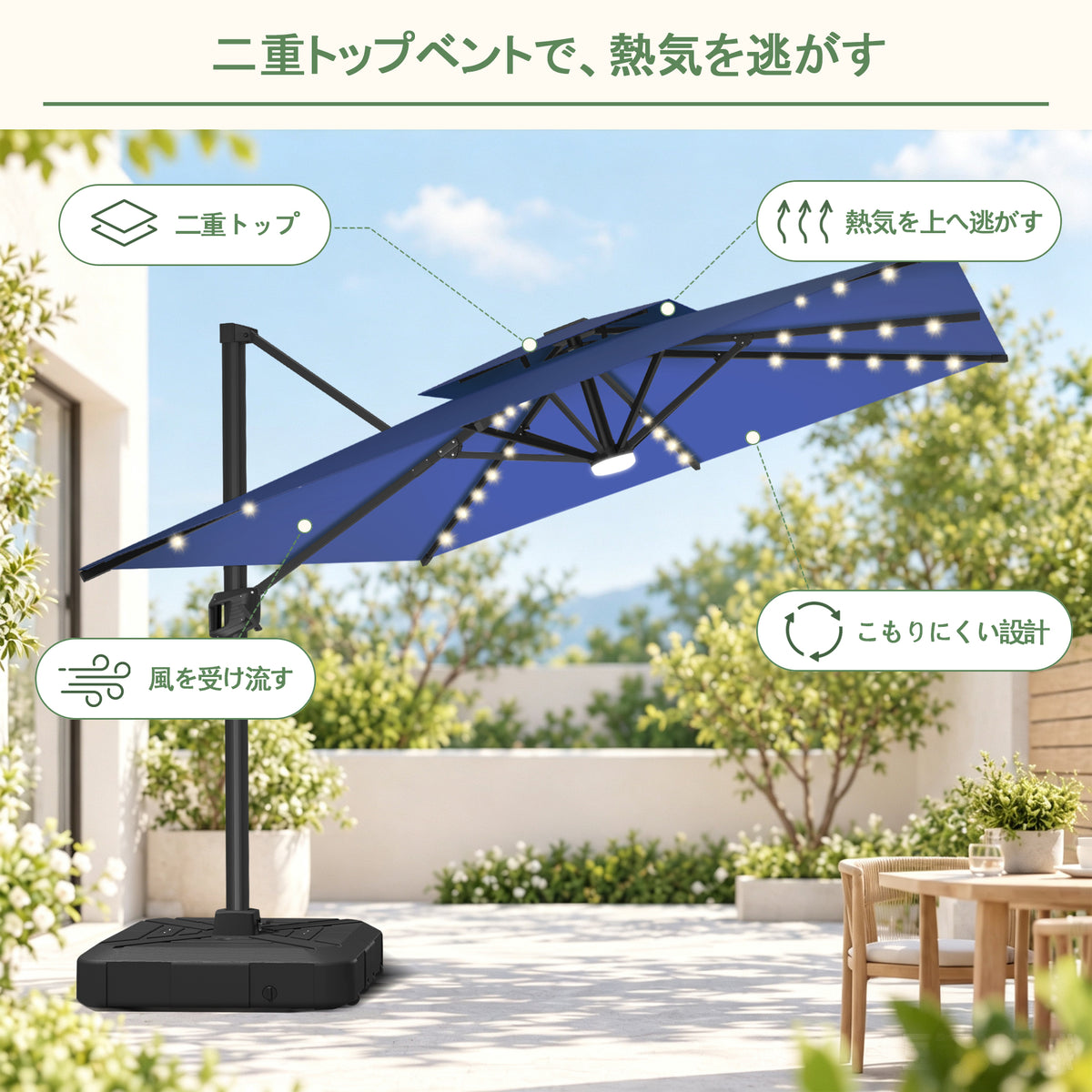 ハンギングパラソル ネイビーブルー 2層構造で風と熱気を逃がすLED付き角型パラソル - Parasoru