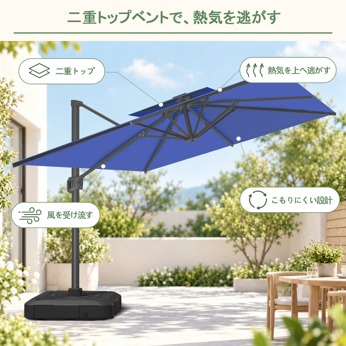 ハンギングパラソル ネイビーブルー 2層構造で風と熱気を逃がすLED付き角型パラソル - Parasoru