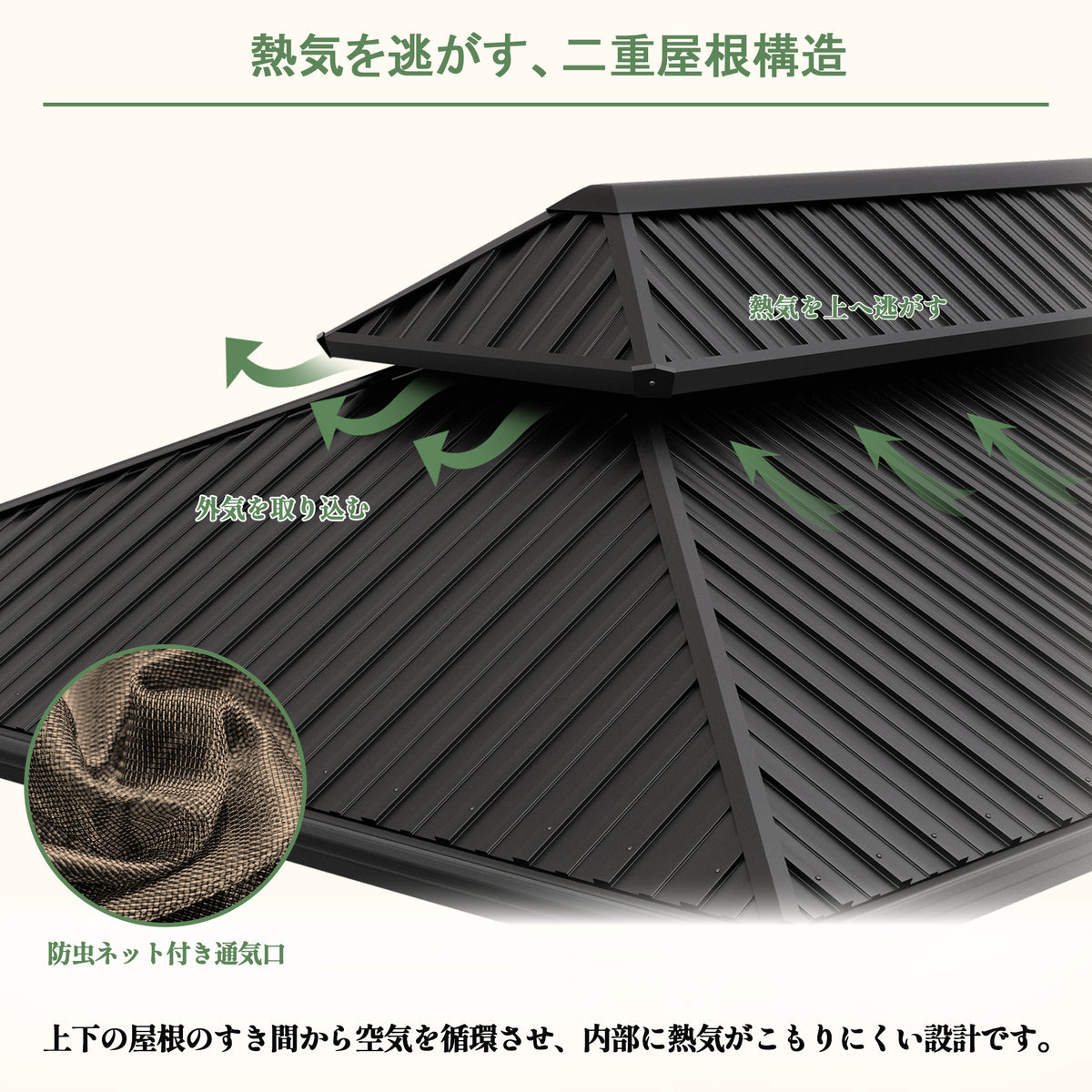 ハードトップガゼボのブラウン 熱気を逃がす二重屋根構造と通気性 - Parasoru
