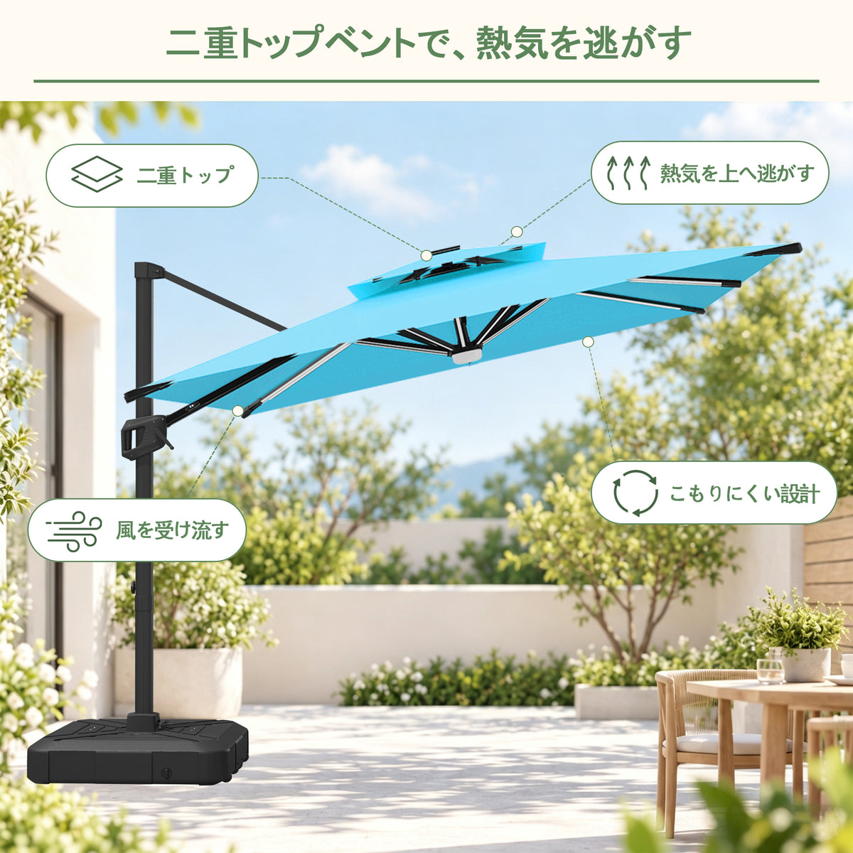 ハンギングパラソル ターコイズ ダブルベンチレーション通気構造と300g/m²生地 - Parasoru