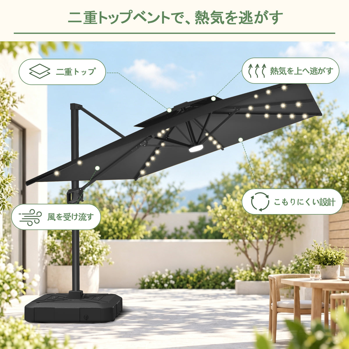  ハンギングパラソル ブラック 2層構造で風と熱気を逃がすLED付き角型パラソル - Parasoru
