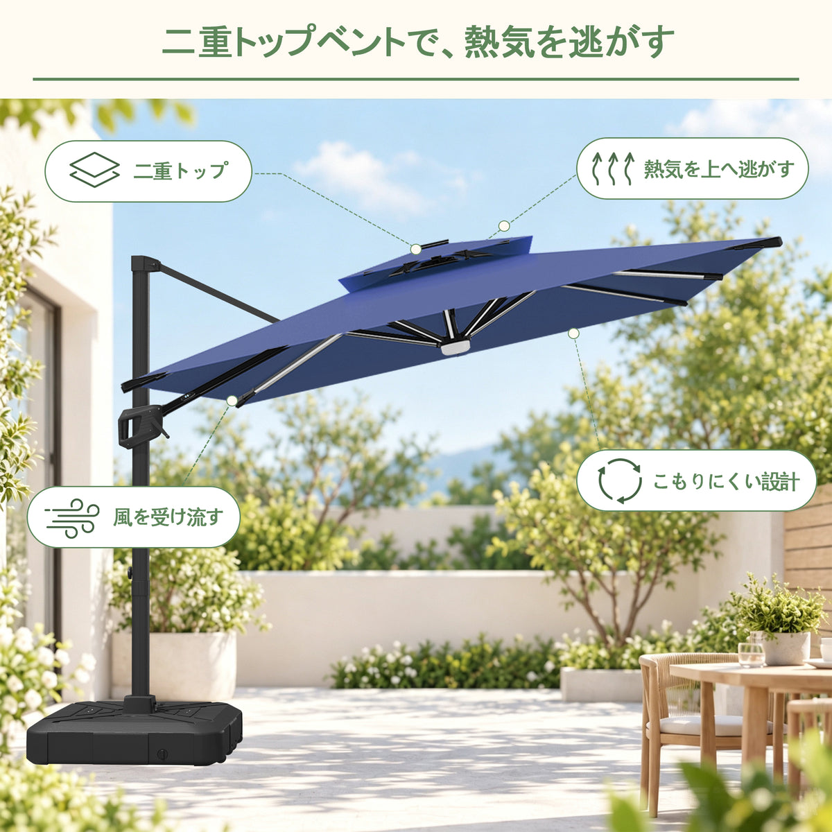 ハンギングパラソル ネイビーブルー ダブルベンチレーション通気構造と300g/m²生地 - Parasoru