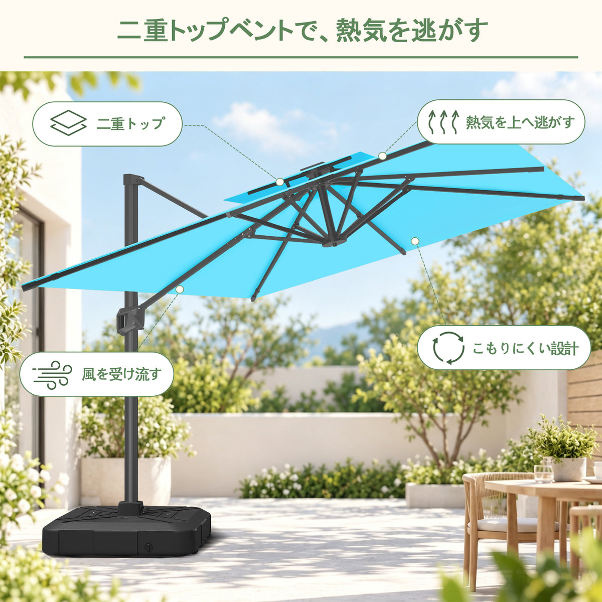  ハンギングパラソル ターコイズ 2層構造で風と熱気を逃がすLED付き角型パラソル - Parasoru