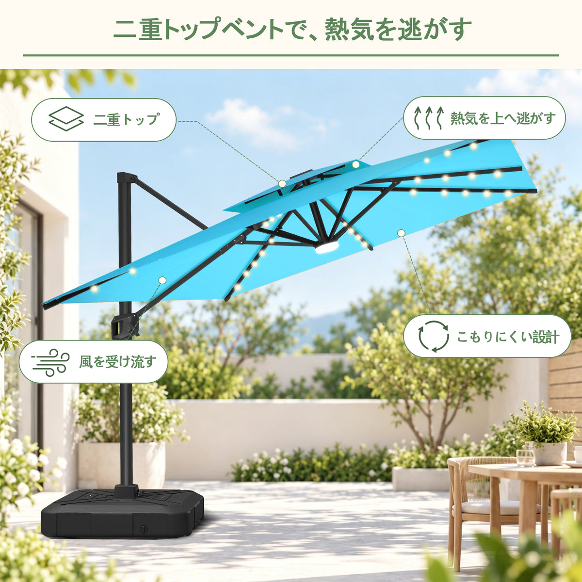 ハンギングパラソル ターコイズ 2層構造で風と熱気を逃がすLED付き角型パラソル - Parasoru