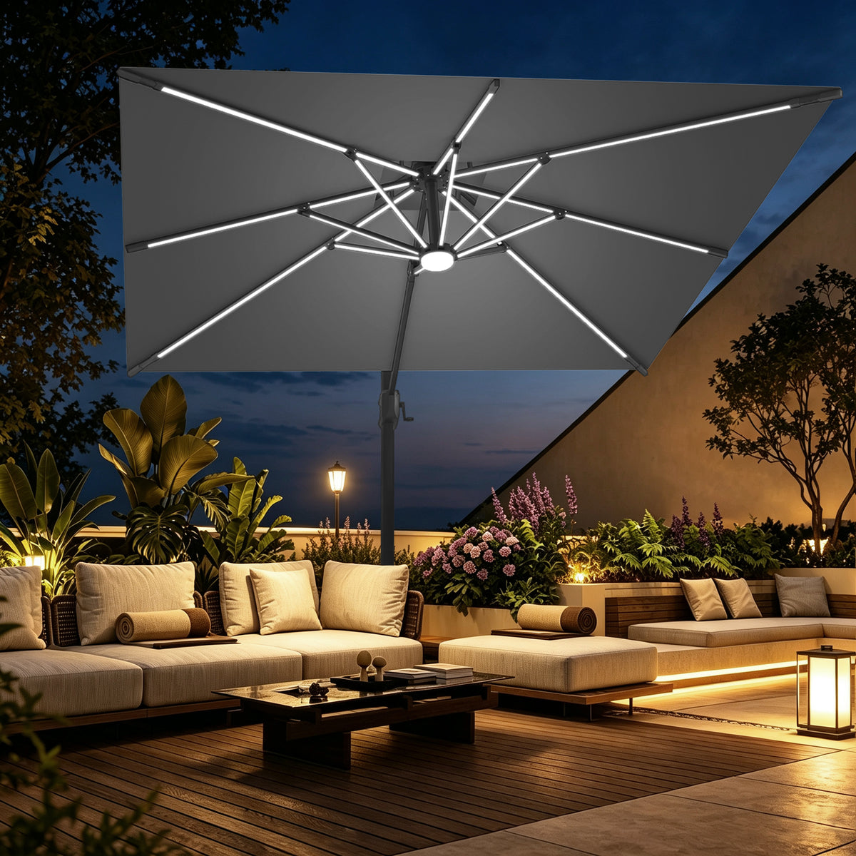 ハンギングパラソル シルバー 夜を明るく照らすLEDテープライト付き角型パラソル - Parasoru