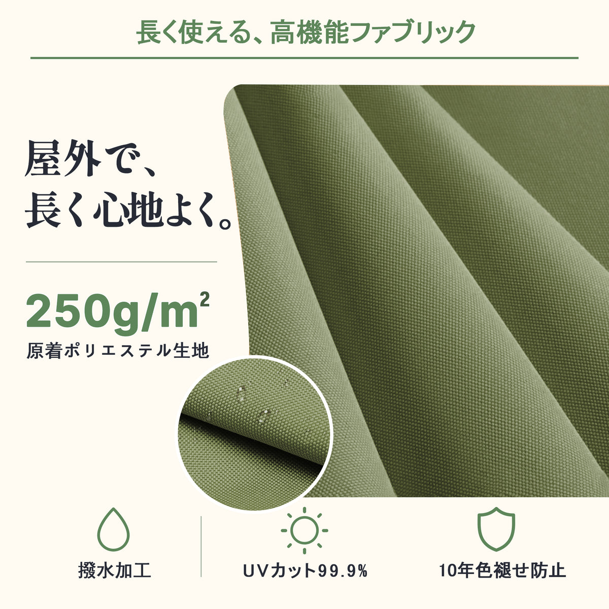 ハンギングパラソル グリーン 250GSM原液染め生地の撥水加工と10年耐退色性能 - Parasoru