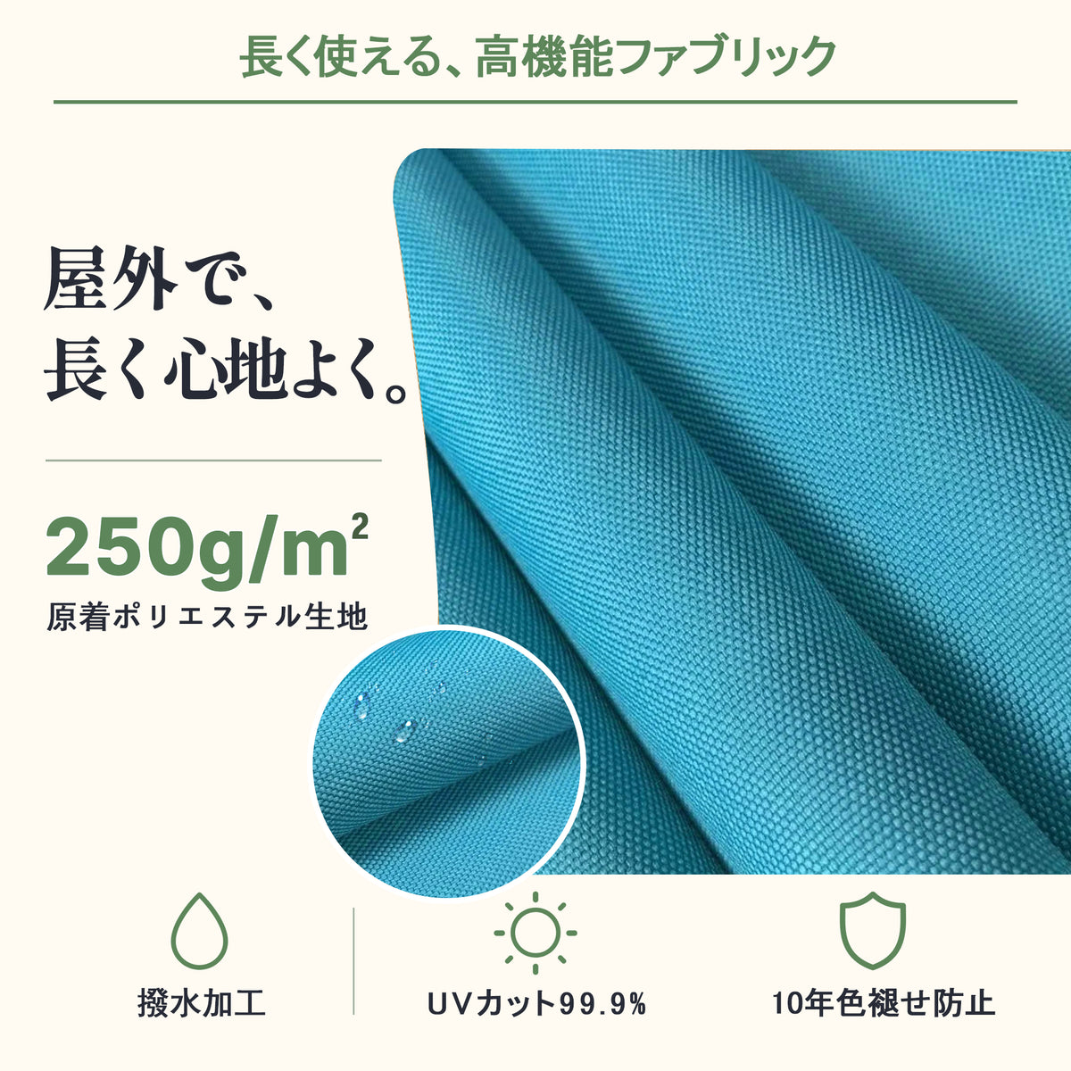 ハンギングパラソル ターコイズ 250GSM原液染め生地の撥水加工と10年耐退色性能 - Parasoru