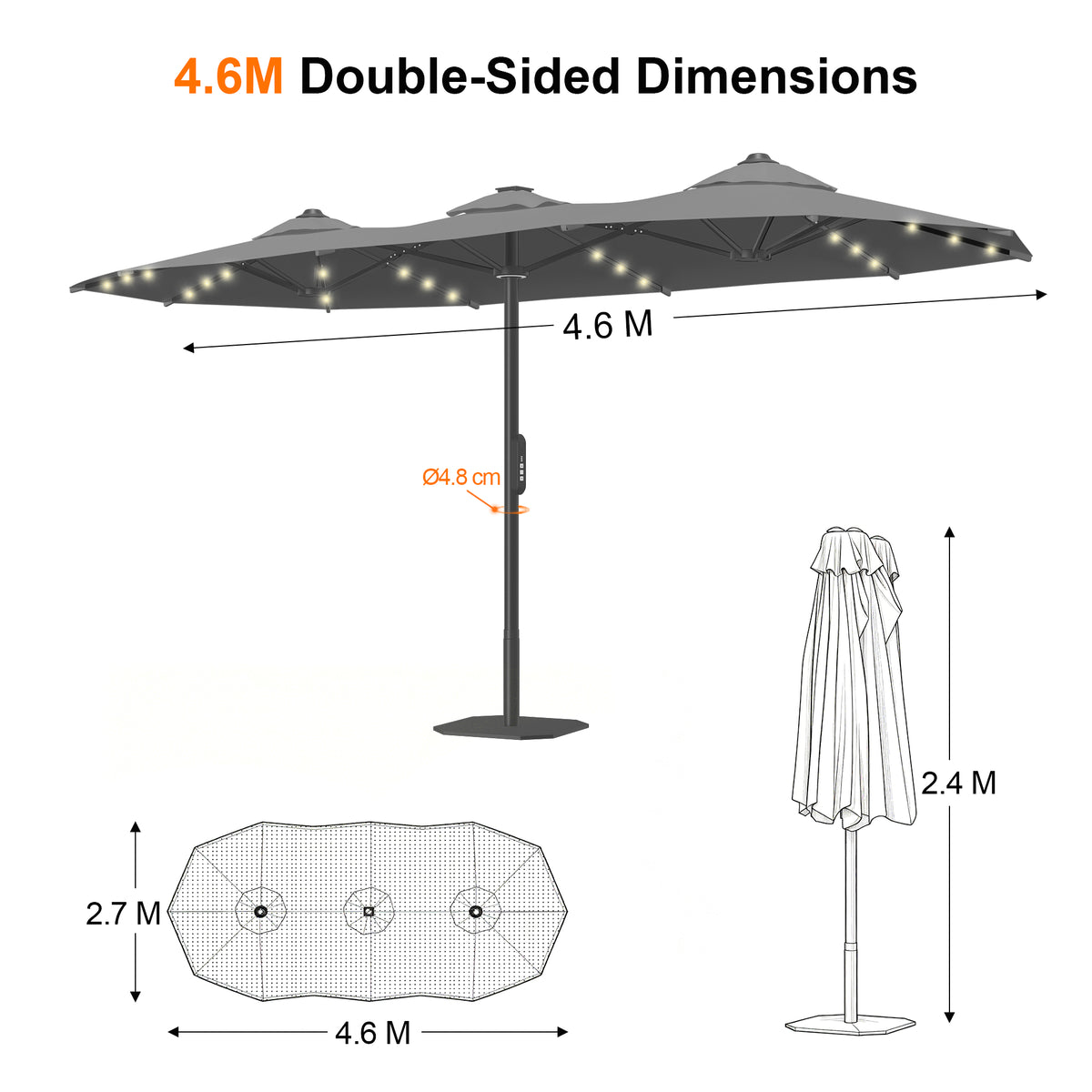 4.6m 両面大型パラソル シルバー 広いテラスやガーデンテーブルを覆う - Parasoru  