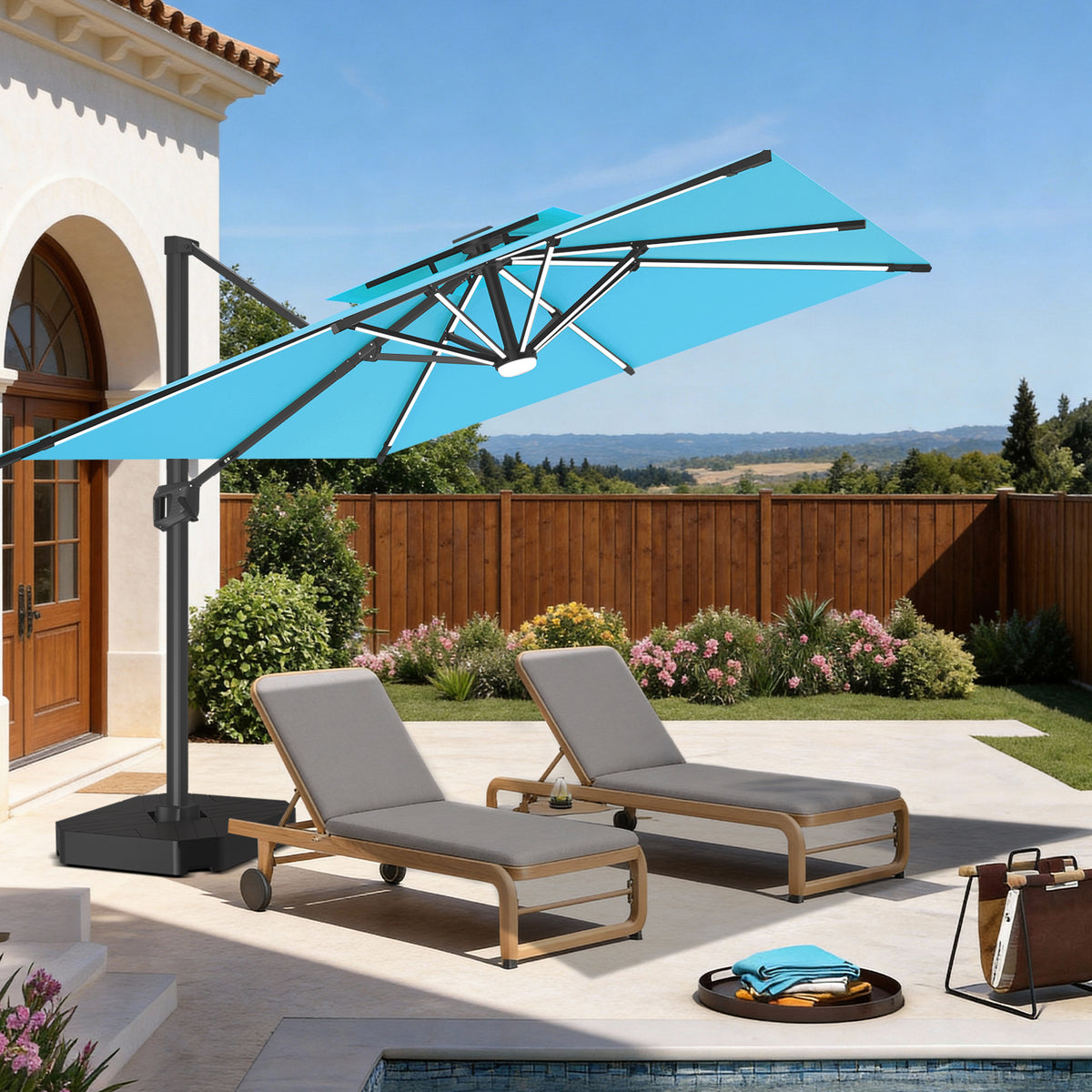 LEDライト付きハンギングパラソル 大型 カーキ プールサイドテラス設置イメージ - Parasoru